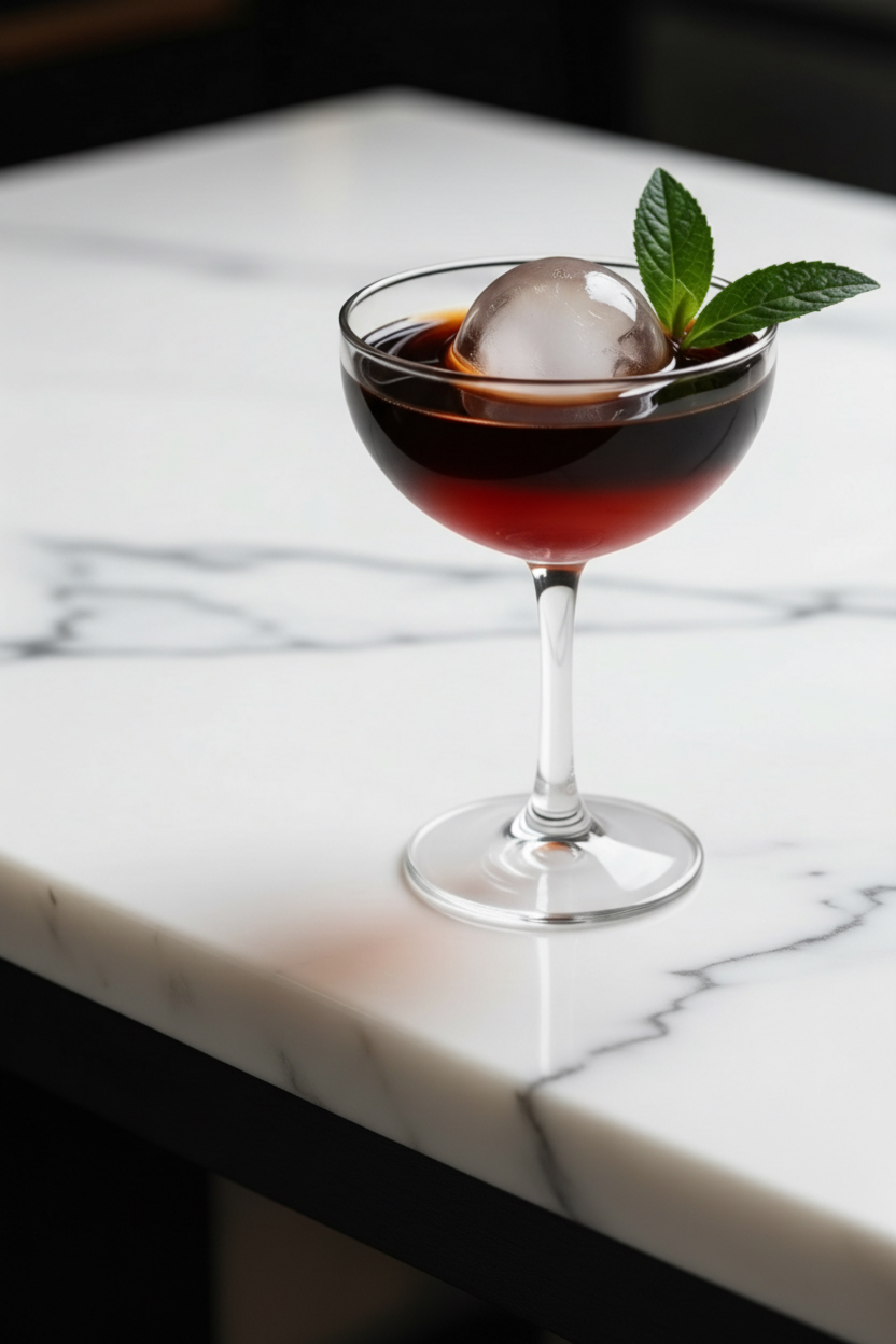 Blood orange and Cerron Grande cold extraction in a coupe glass with ice sphere and lime leaf — Say Ciao Recipes