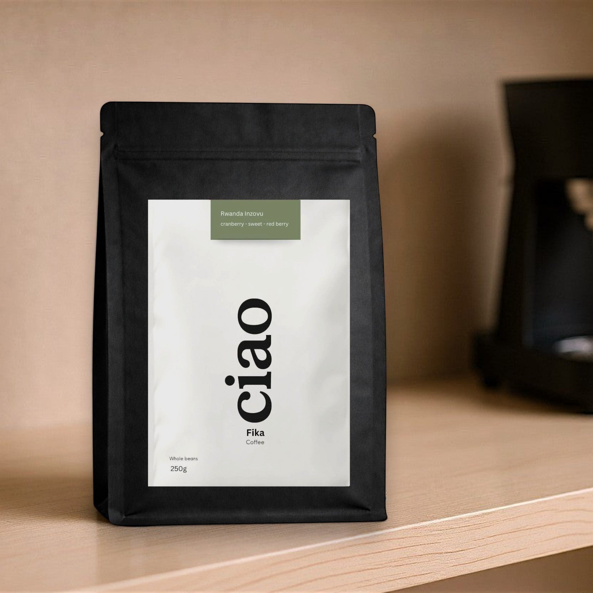 Say Ciao Coffee Fika whole bean coffee bag, Rwanda Inzovu, tasting notes of cranberry, sweet, and red berry.