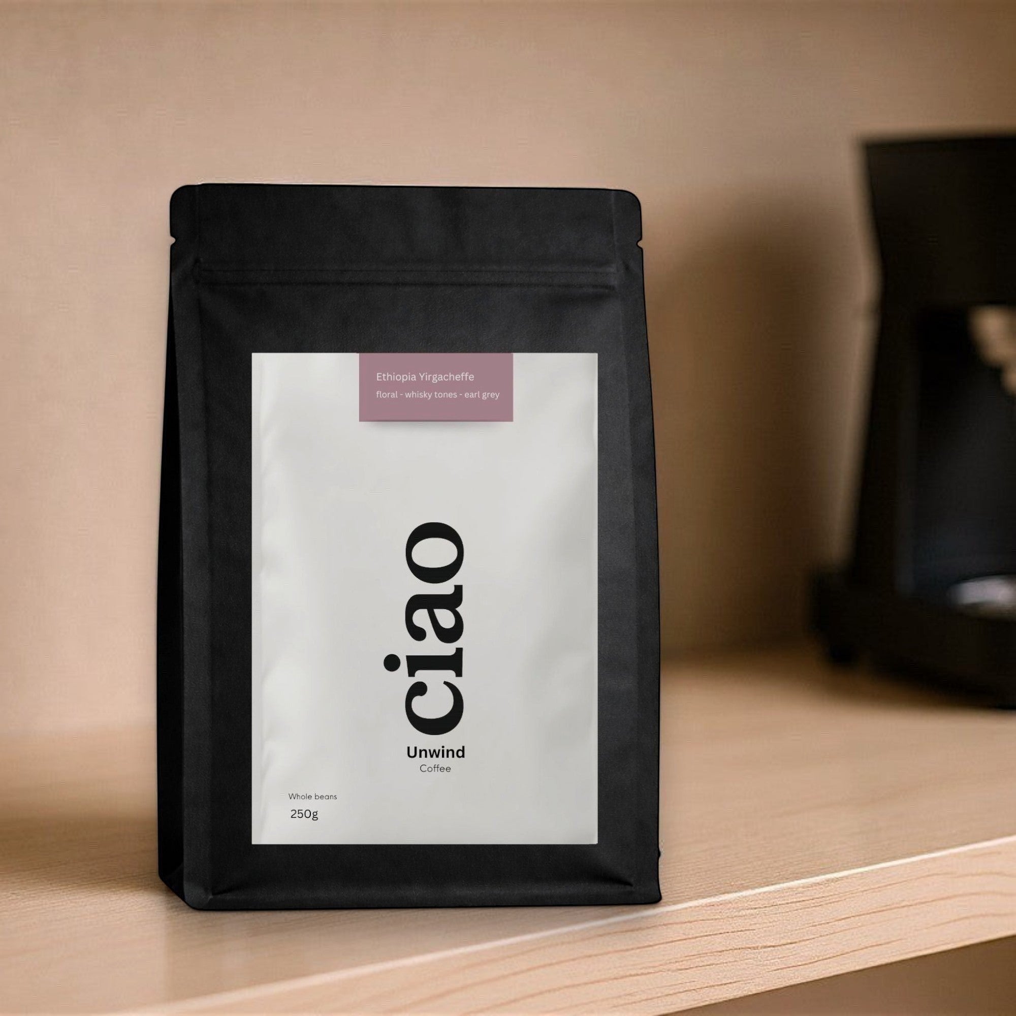 Say Ciao Coffee Unwind whole bean coffee bag from Ethiopia Yirgacheffe with floral, whisky, and Earl Grey notes.