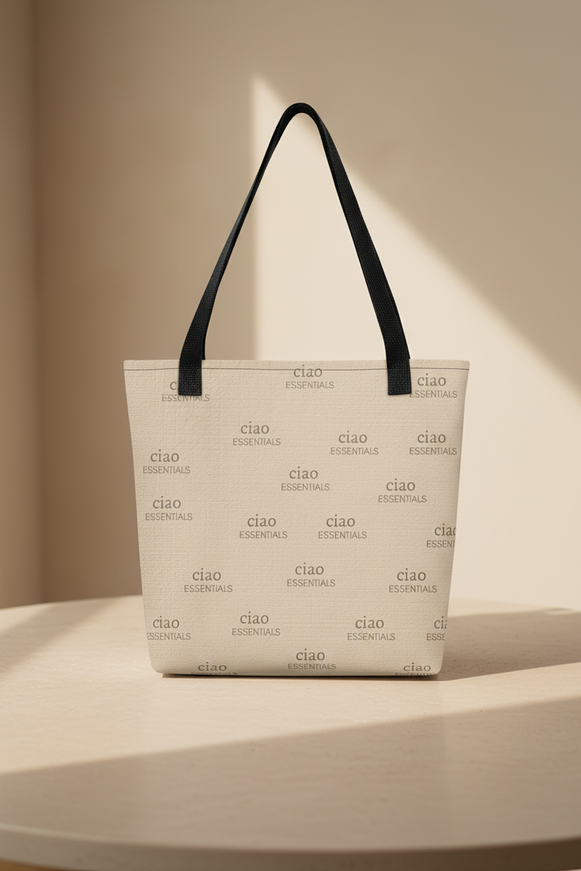 Beige tote bag on table