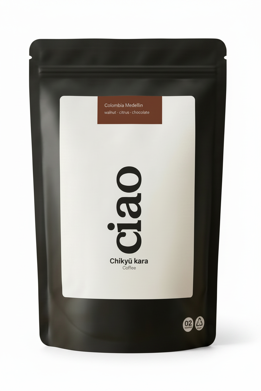 Chikyū kara Colombia Medellin coffee bag close-up — specialty coffee UK — Say Ciao Coffee