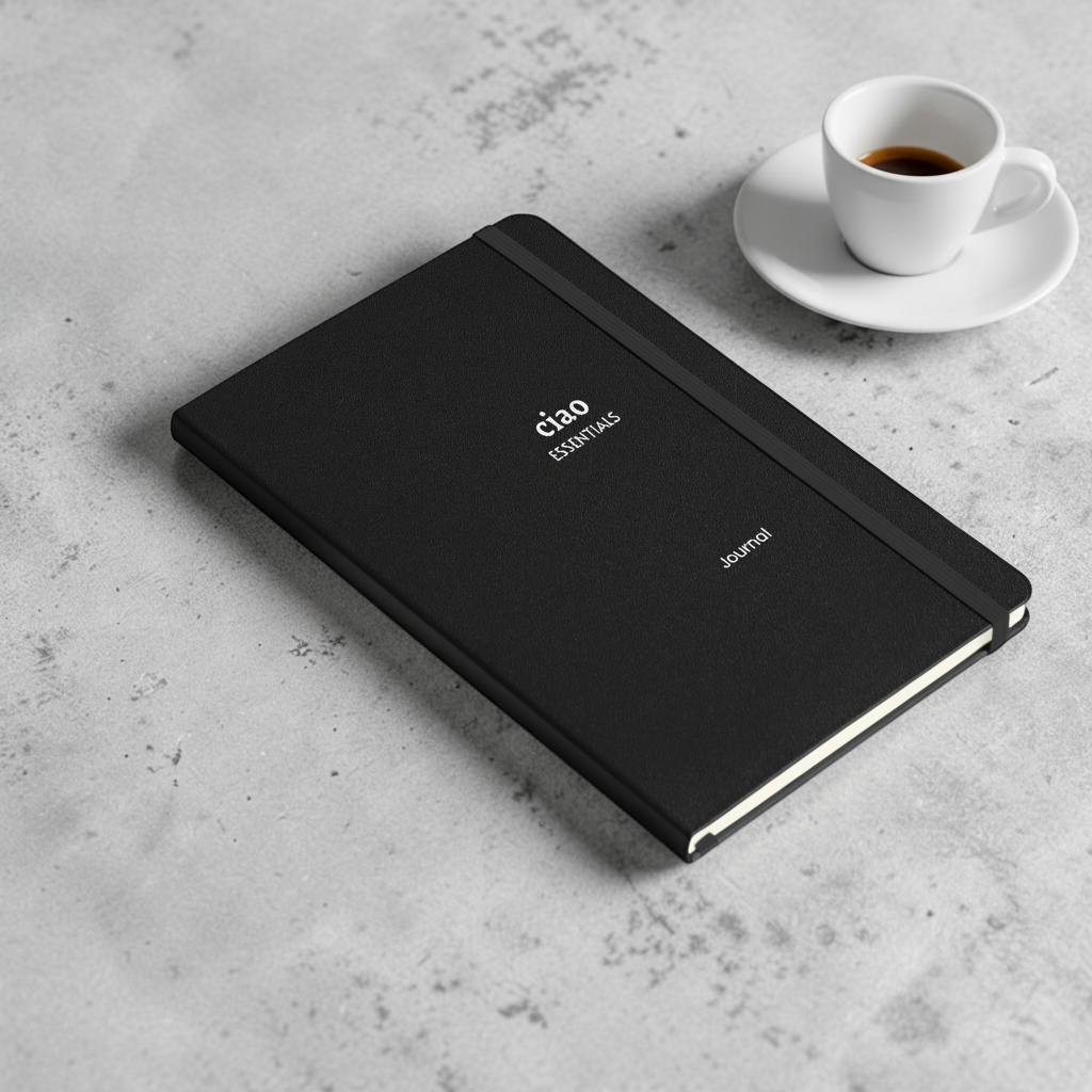 ciao Essentials Journal — Flat Lay with Ceramic Cup