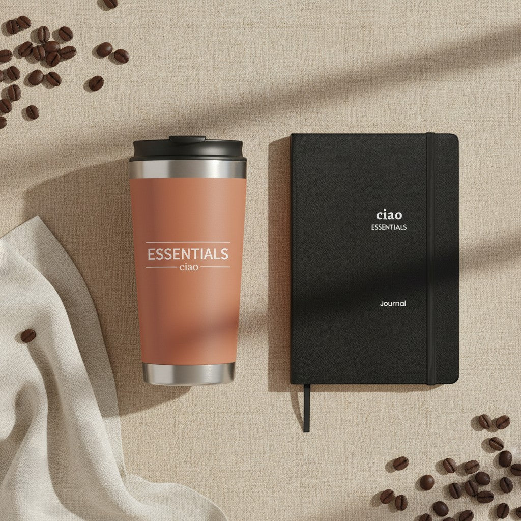 ciao Essentials Travel Mug — Lifestyle with journal