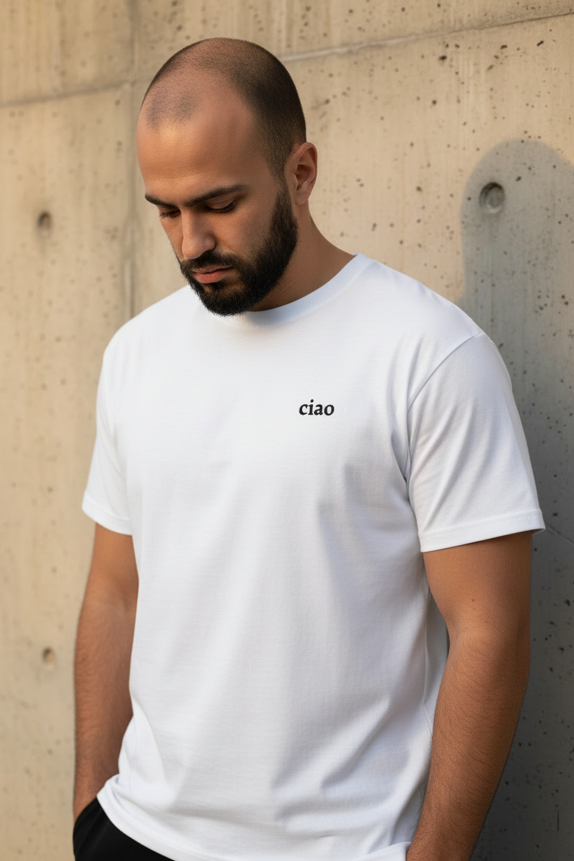 Ciao Premium Tee — Male Model No Beanie