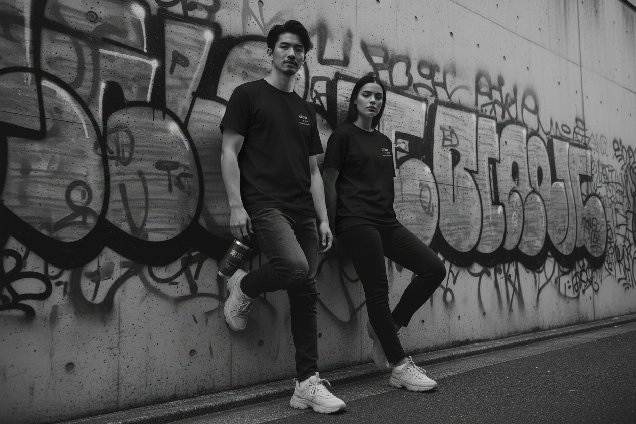 Duo — black tee with Tokyo travel mug