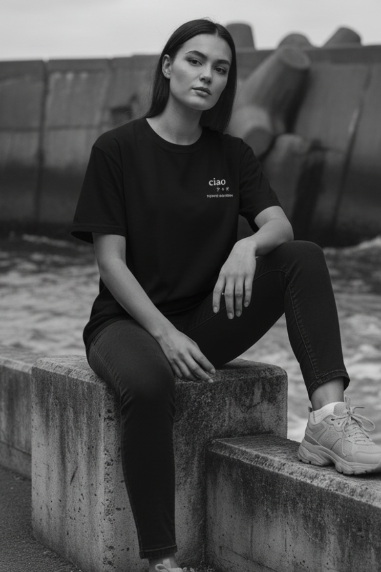 Female — coastal concrete steps, black tee