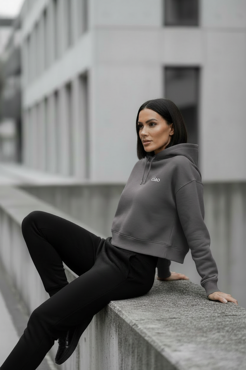 Grey Cropped Hoodie Bench Shot - ciao only