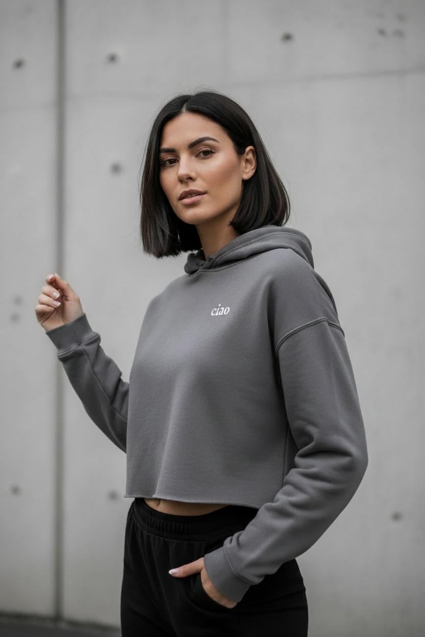 Grey Cropped Hoodie Model - ciao chest text