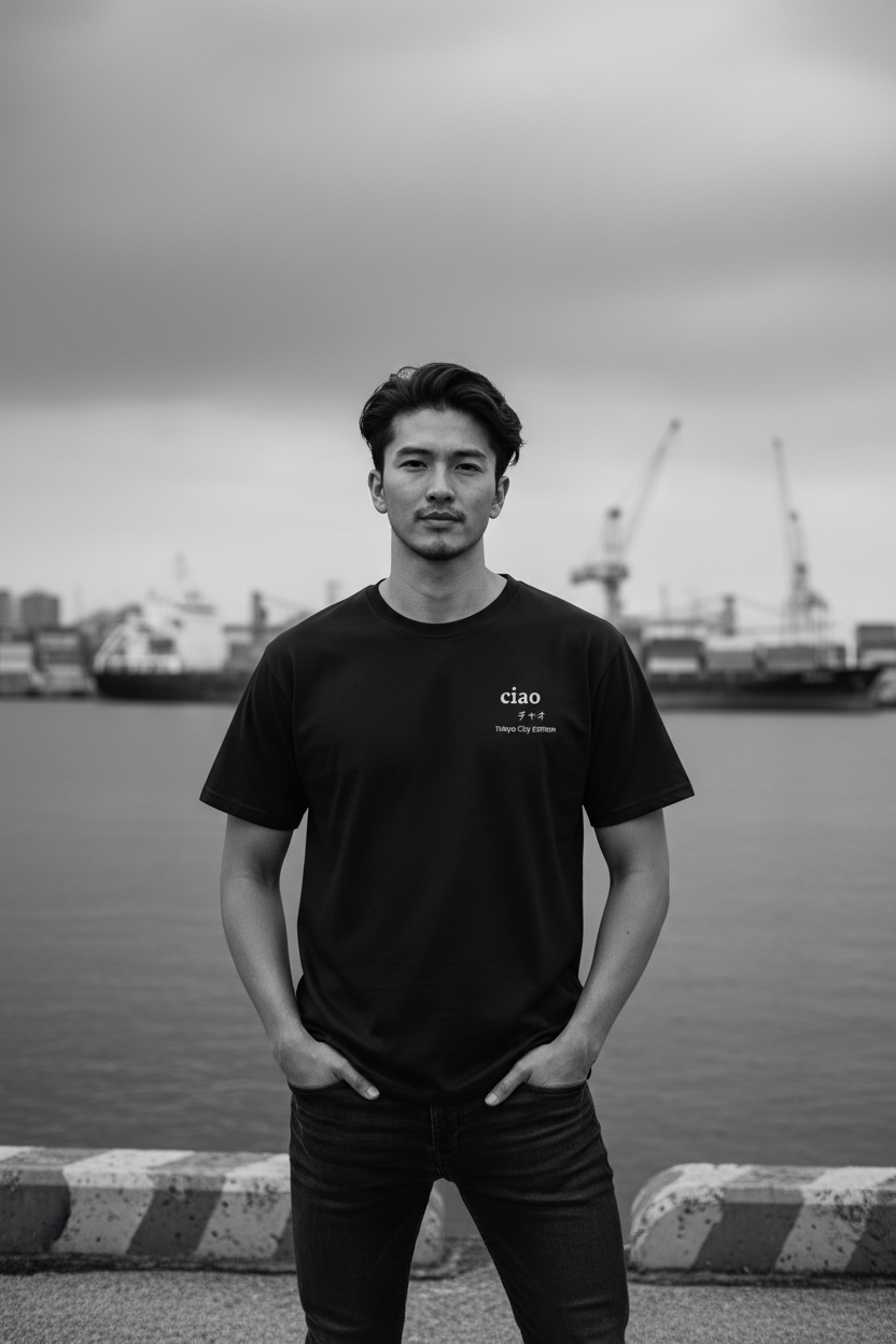 Male — coastal urban, black tee
