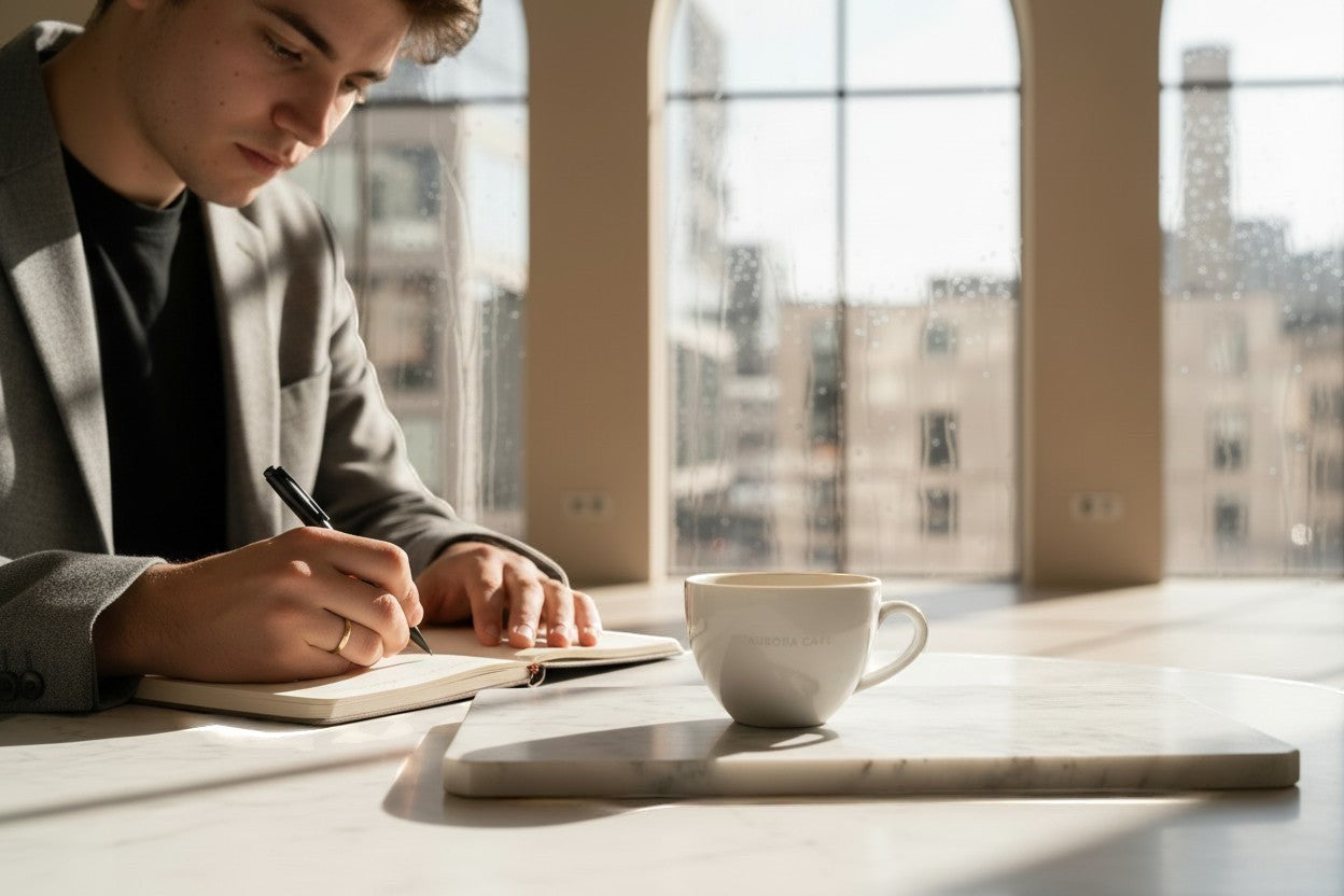 Man journaling with coffee