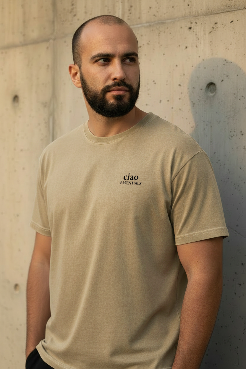 Model in faded khaki vintage tee