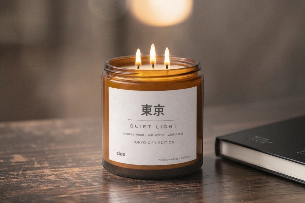 Quiet Light — candle with ciao journal visible