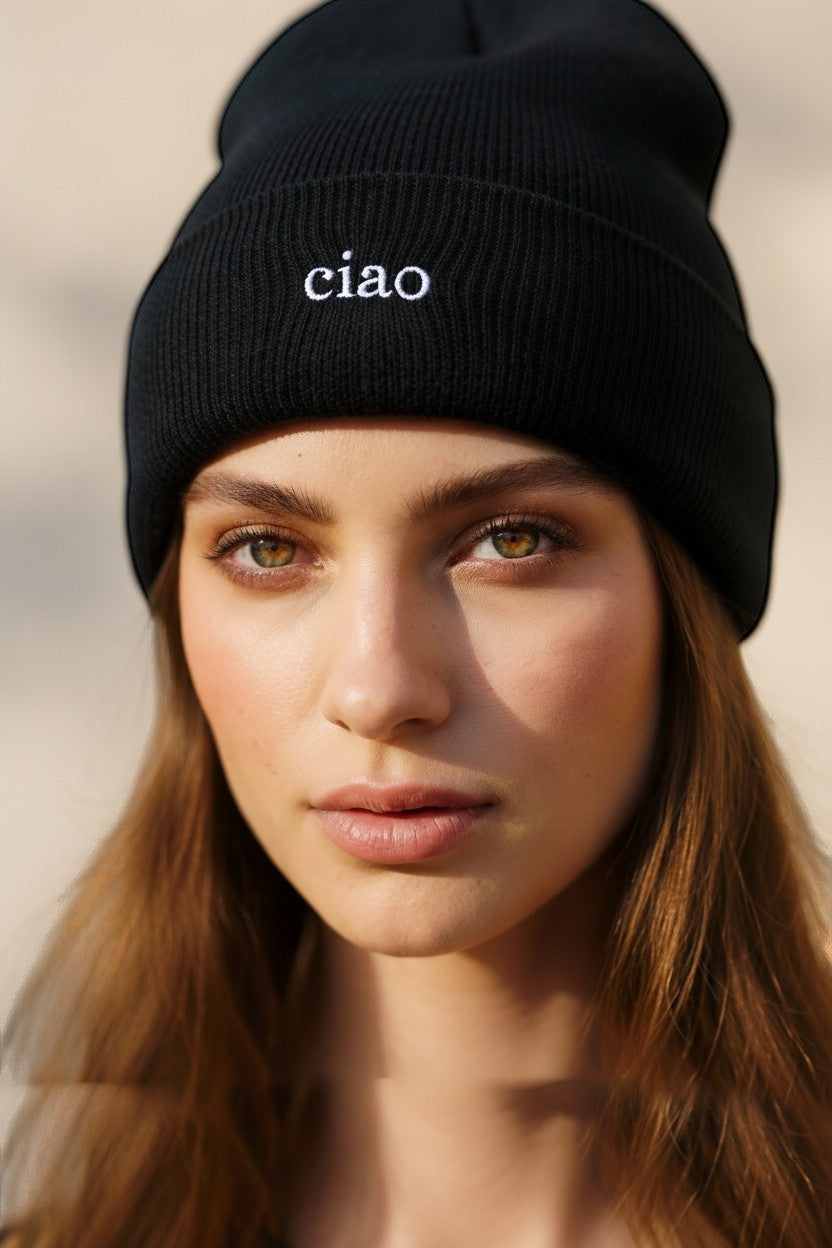 Say Ciao Coffee black cotton-acrylic blend beanie with embroidered 'ciao' detail on ribbed cuff.