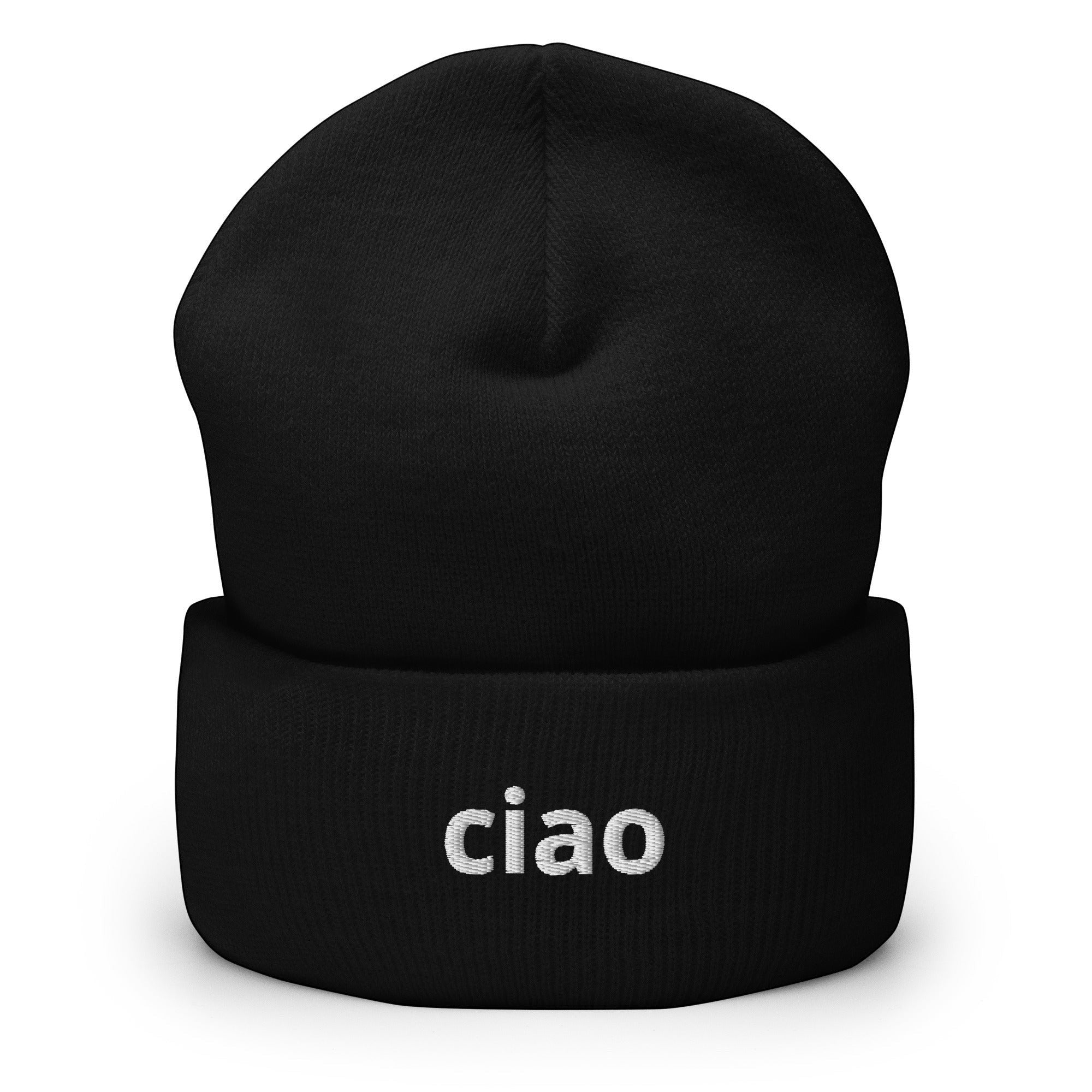 Say Ciao Coffee black cotton-acrylic blend beanie with embroidered "ciao" on the ribbed cuff.