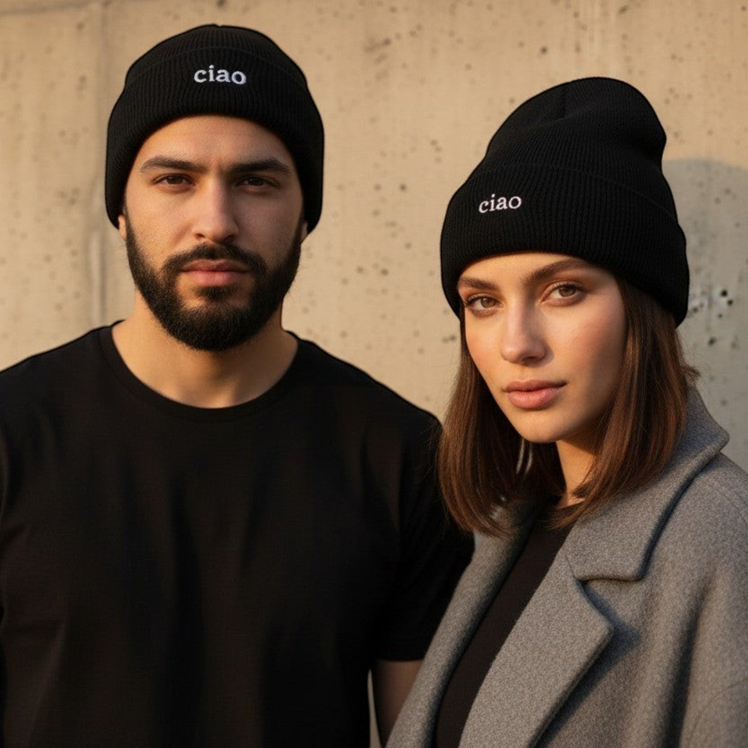 Say Ciao Coffee black cotton-acrylic blend beanie with embroidered 'ciao' detail on ribbed cuff, worn by a woman.