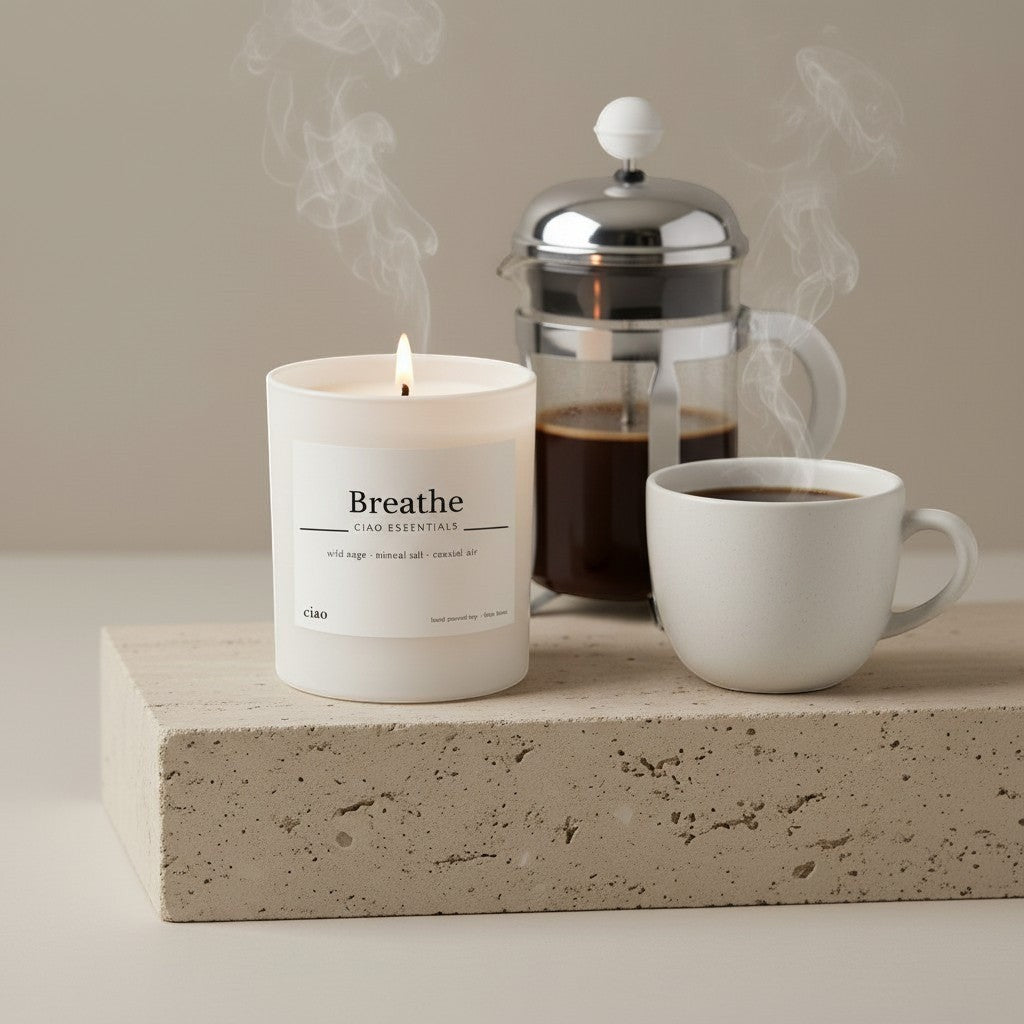 Say Ciao Coffee Breathe candle in white matte glass jar with crisp air, mineral salt, and wild sage scent. Natural soy wax blend.