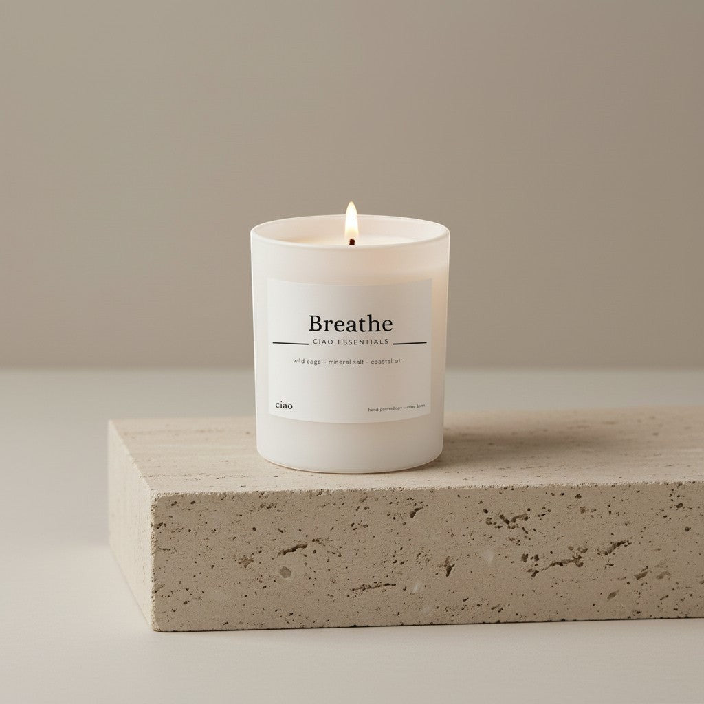 Say Ciao Coffee Breathe candle in white matte glass jar with wild sage, mineral salt, and coastal air scent. Natural soy wax blend.