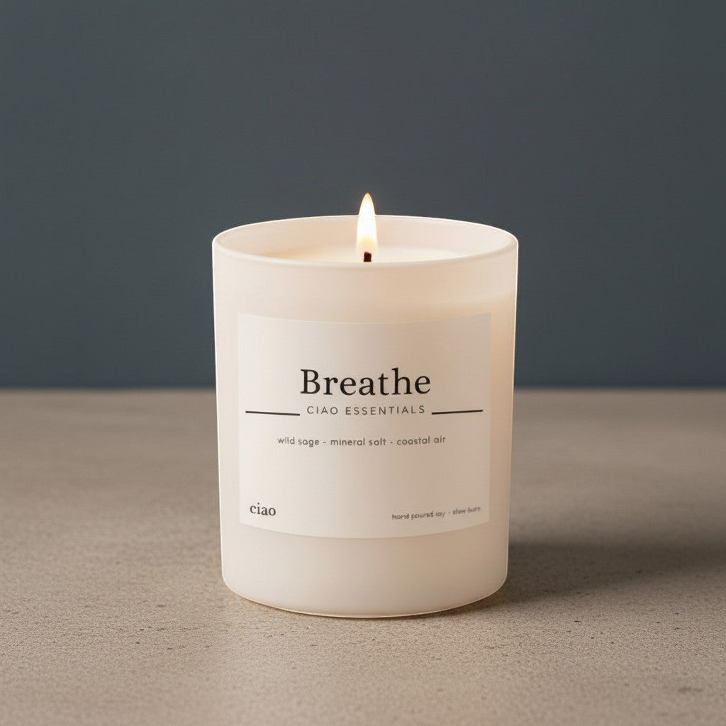Say Ciao Coffee Breathe candle in white matte glass jar with wild sage, mineral salt, and coastal air scent. Natural soy wax.