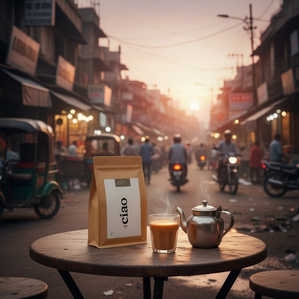 Say Ciao Coffee Chai blend in a brown bag with a glass of chai and a teapot on a table, with a bustling street scene at sunset.