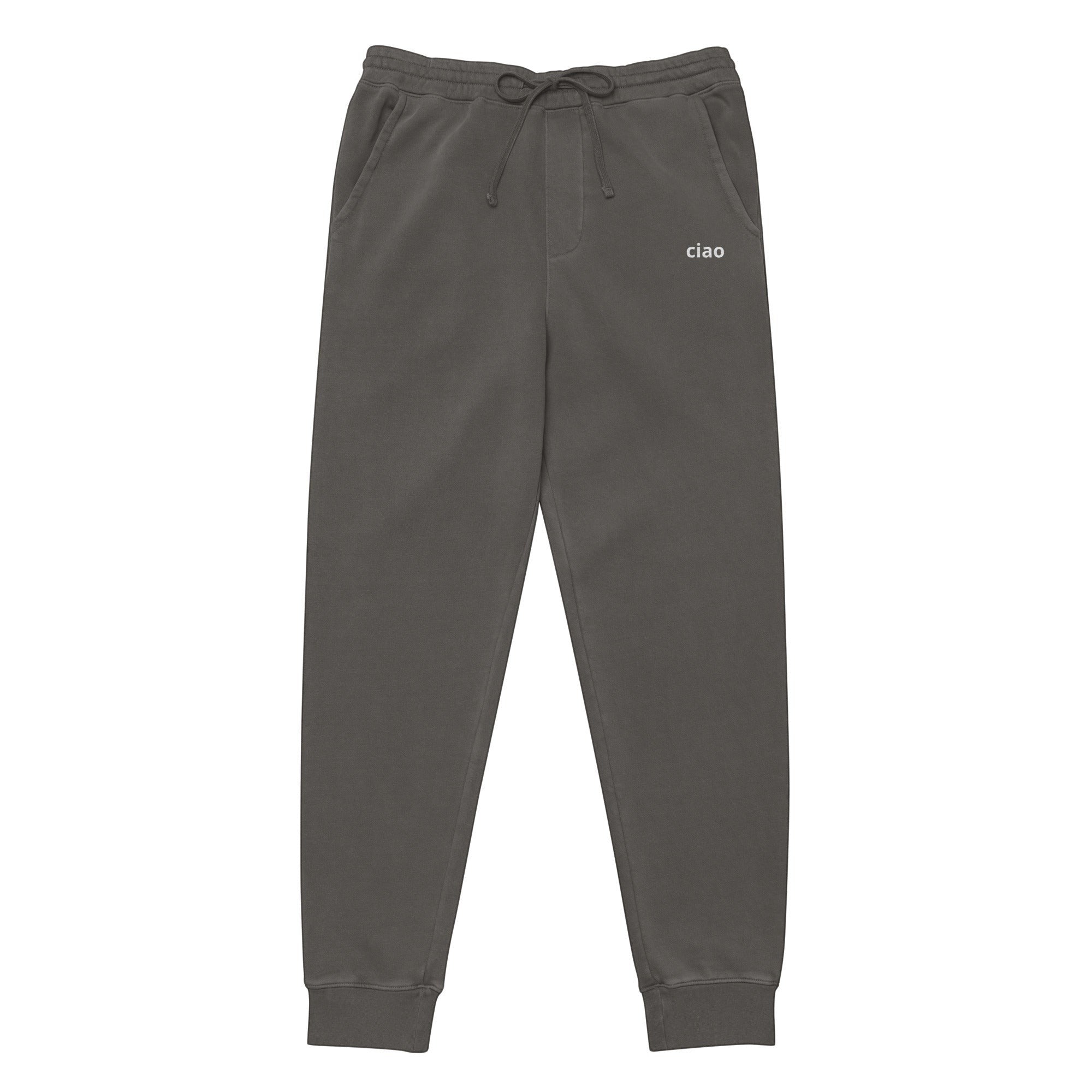 Say Ciao Coffee charcoal grey pigment-dyed cotton blend joggers with adjustable drawstring and embroidered logo.