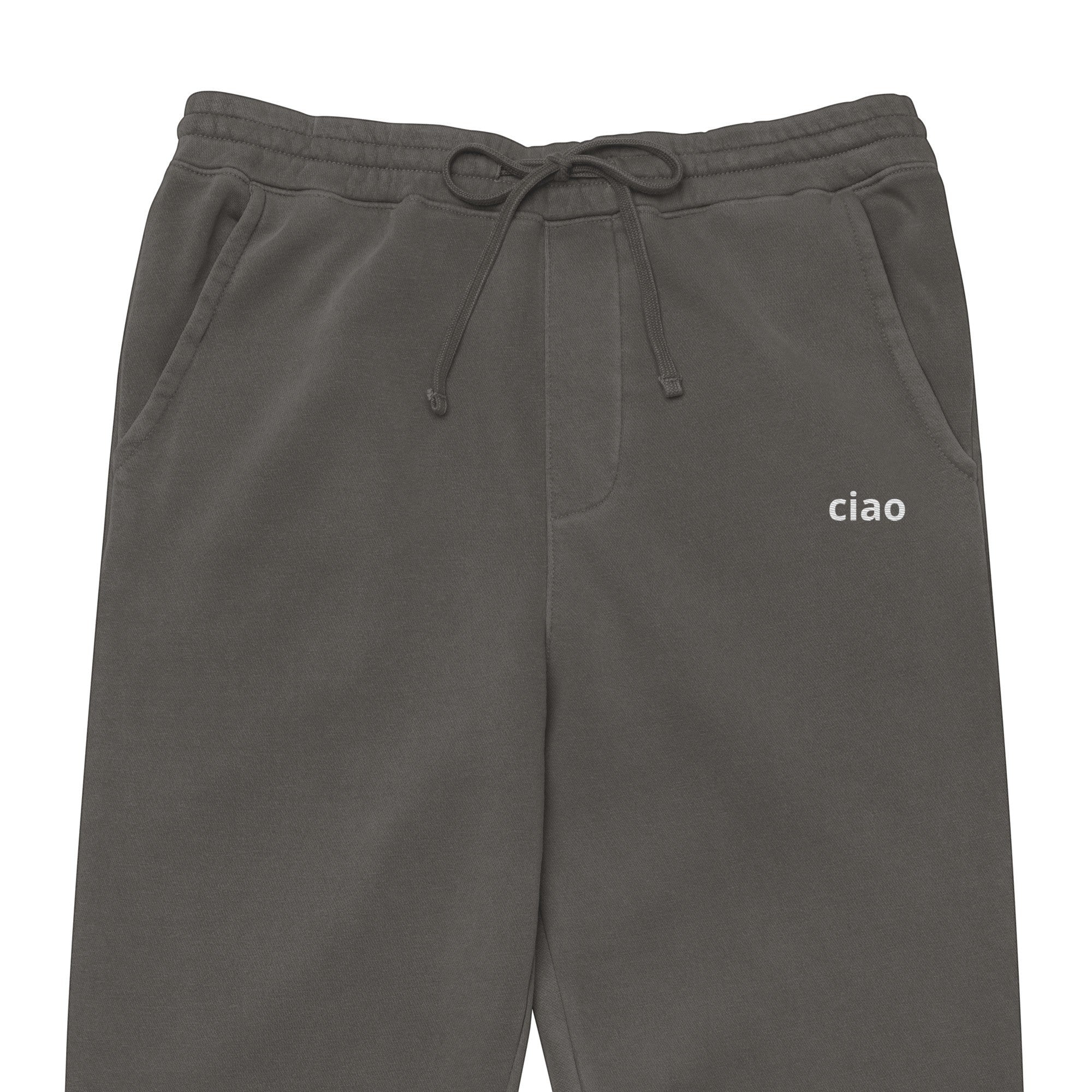 Say Ciao Coffee charcoal grey pigment-dyed cotton blend joggers with adjustable drawstring and embroidered logo.