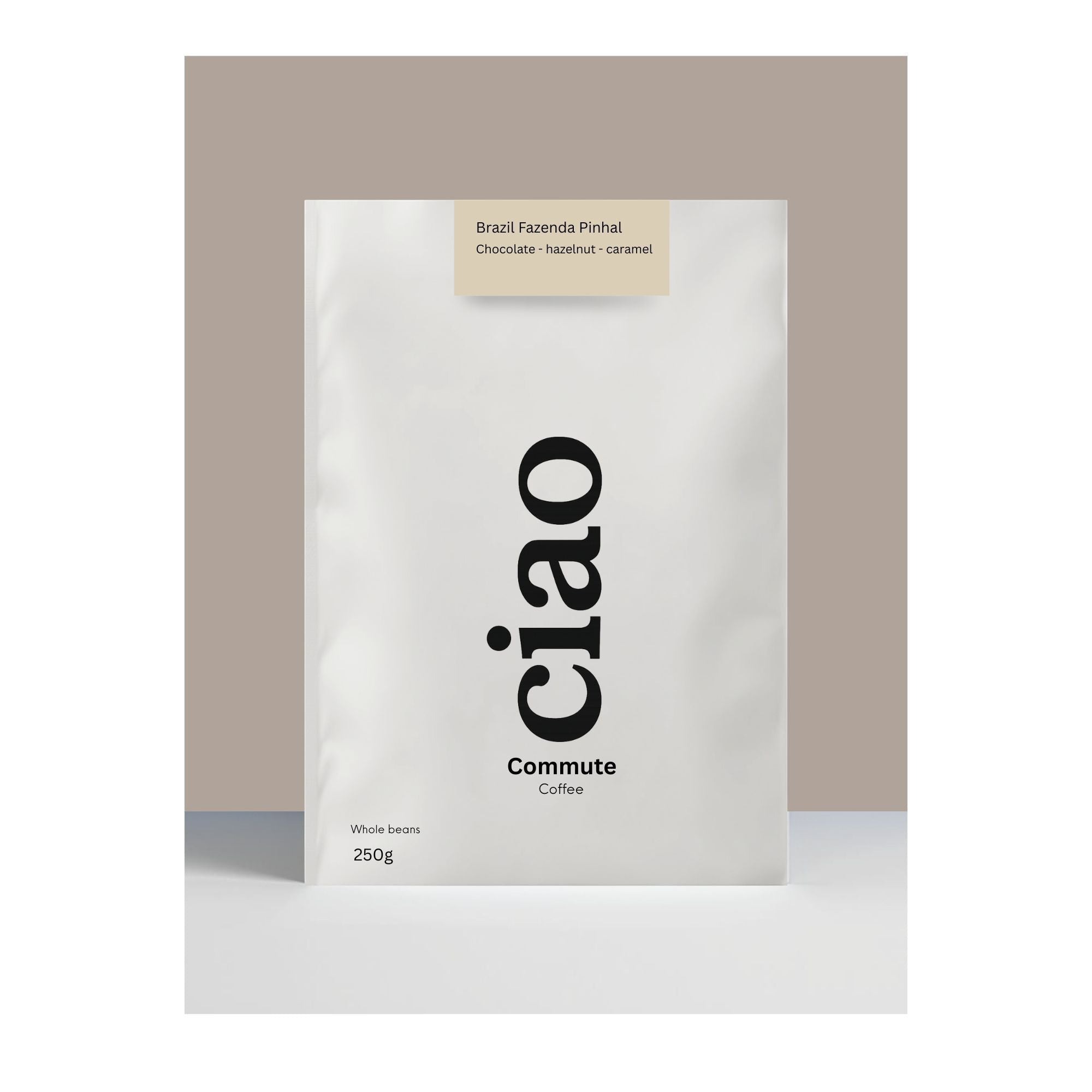 Say Ciao Coffee Commute whole beans, Brazil Fazenda Pinhal, with notes of caramel, hazelnut, and chocolate.
