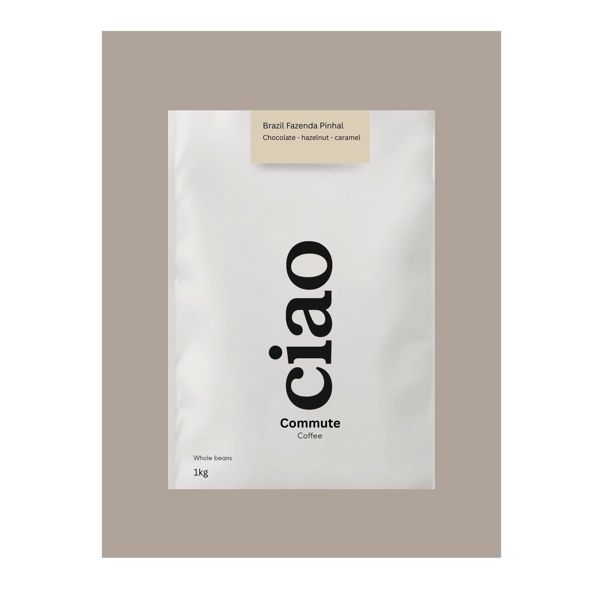 Say Ciao Coffee Commute whole bean coffee bag from Brazil Fazenda Pinhal, tasting notes of caramel, hazelnut, and chocolate.