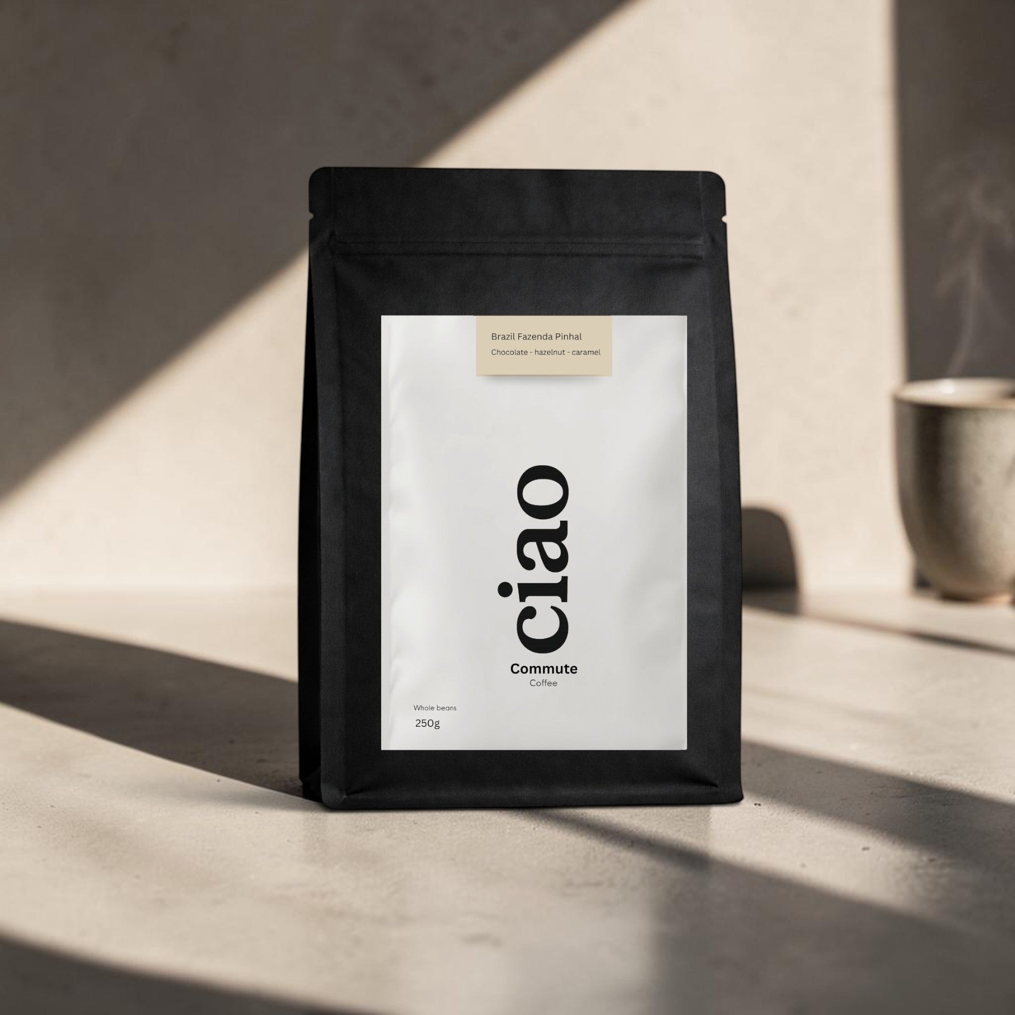 Say Ciao Coffee Commute whole bean coffee bag with tasting notes of caramel, hazelnut, and chocolate.