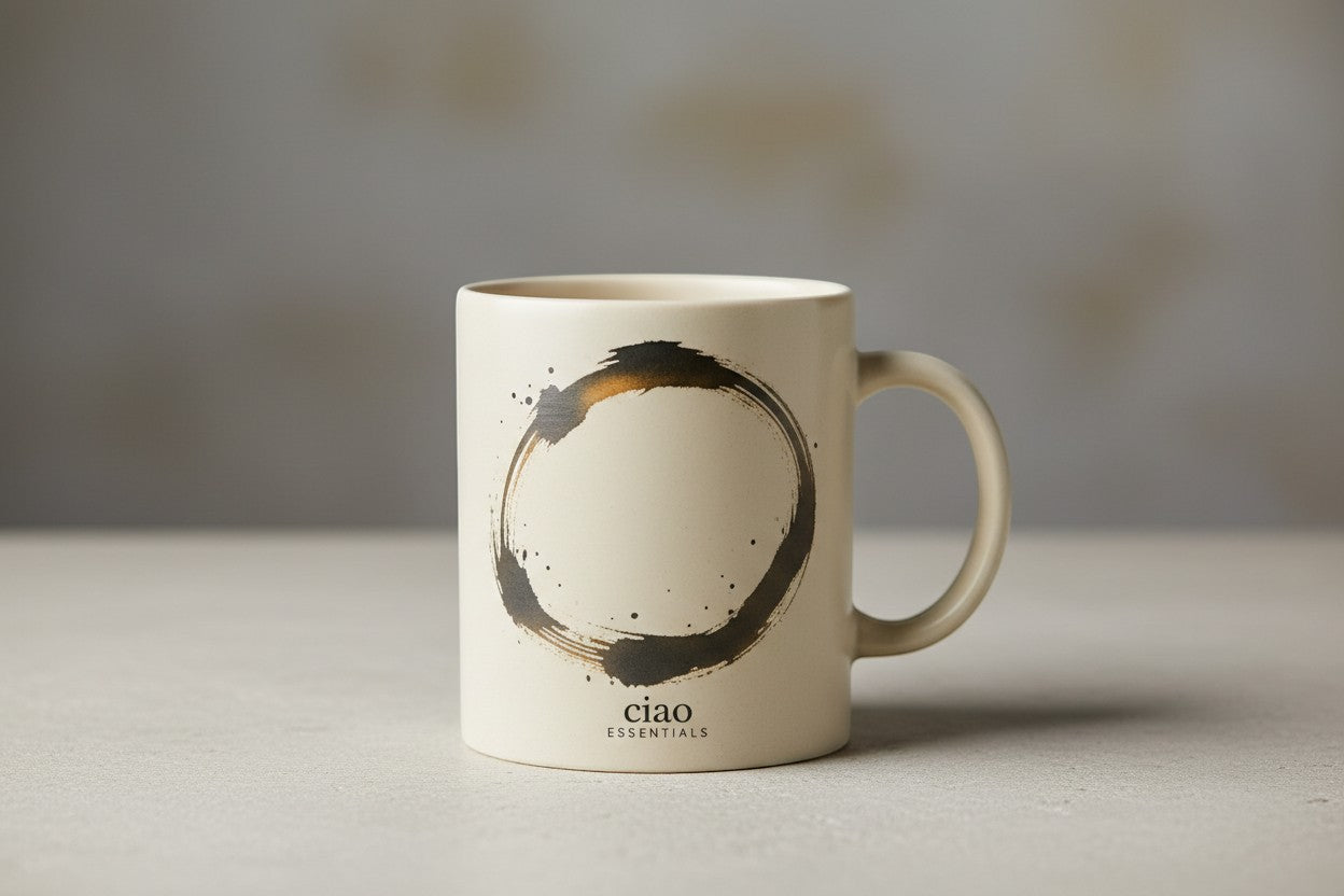 Say Ciao Coffee cream ceramic mug with hand-drawn enso circle design and "ciao ESSENTIALS" branding.