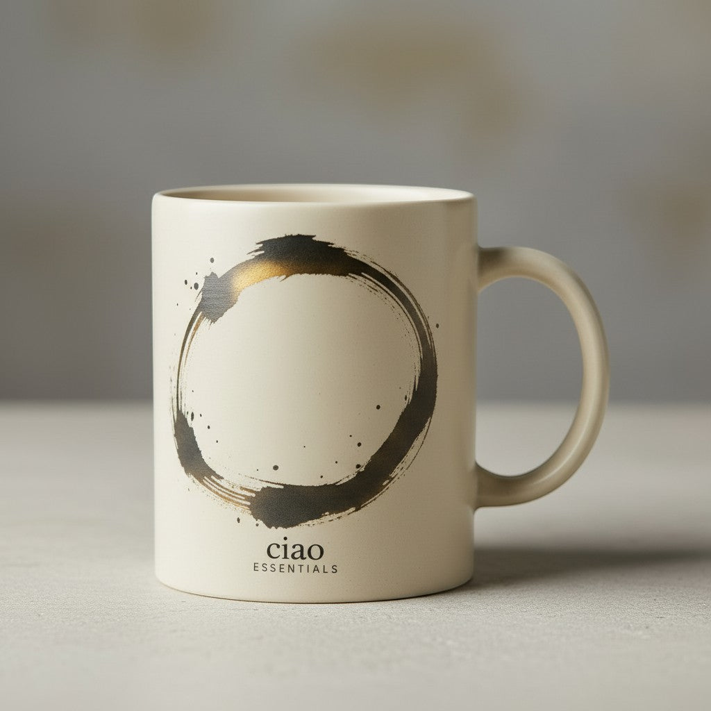 Say Ciao Coffee cream ceramic mug with a black and gold enso circle brushstroke design and "ciao ESSENTIALS" branding.