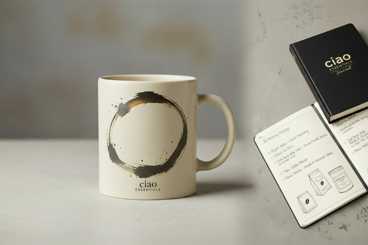 Say Ciao Coffee cream ceramic mug with a black and gold enso circle design and "ciao ESSENTIALS" branding.