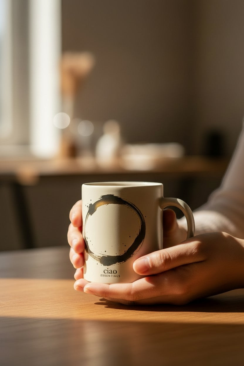 Say Ciao Coffee cream ceramic mug with hand-drawn enso circle design and "ciao ESSENTIALS" branding.