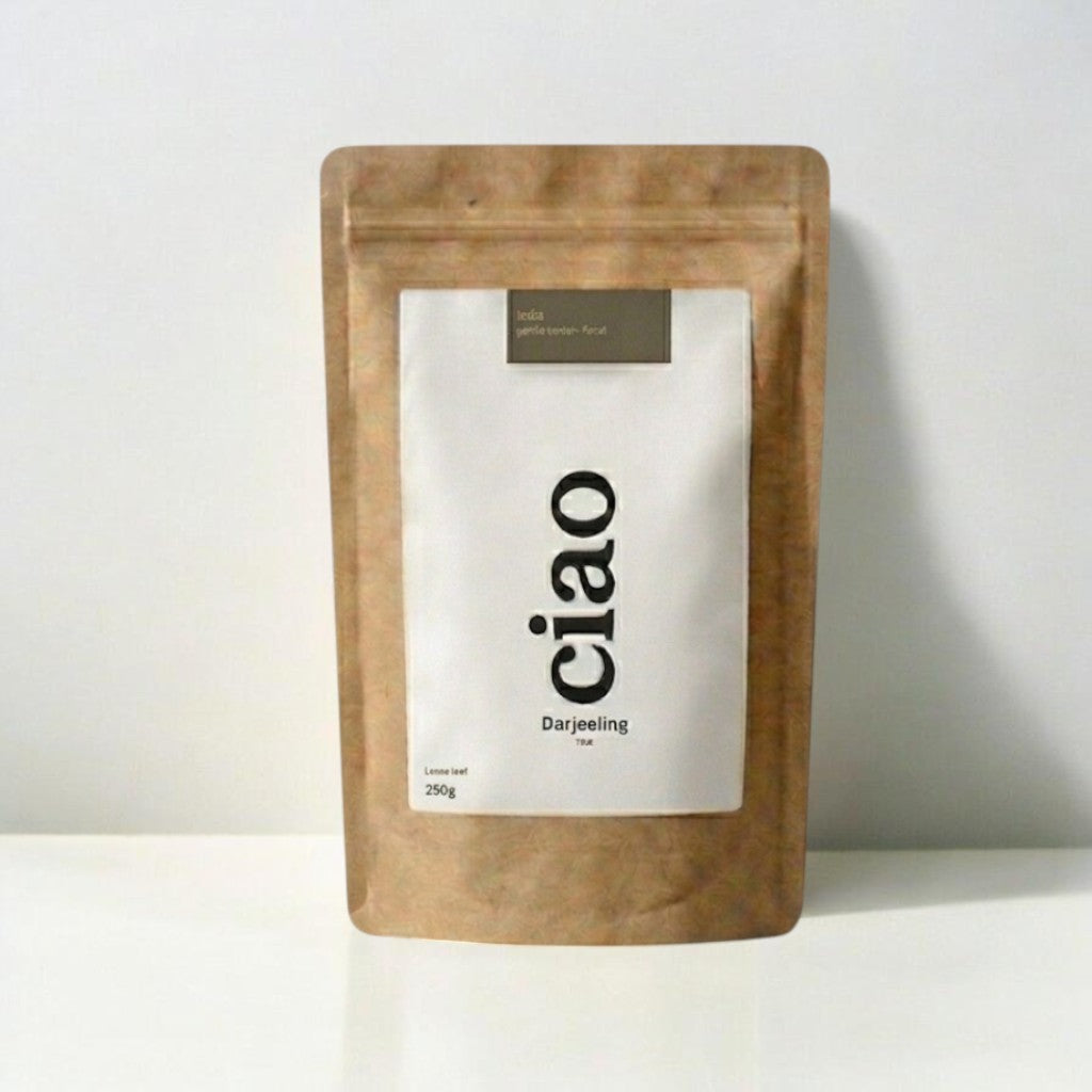 Say Ciao Coffee Darjeeling loose leaf tea in a minimalist brown kraft paper stand-up pouch with a white label.