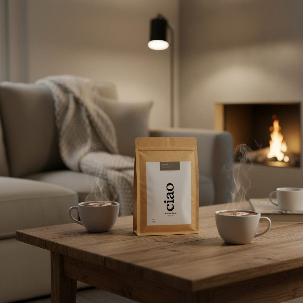 Say Ciao Coffee House Dark 70% cocoa dark chocolate bag with two cups of steaming hot chocolate on a wooden table.