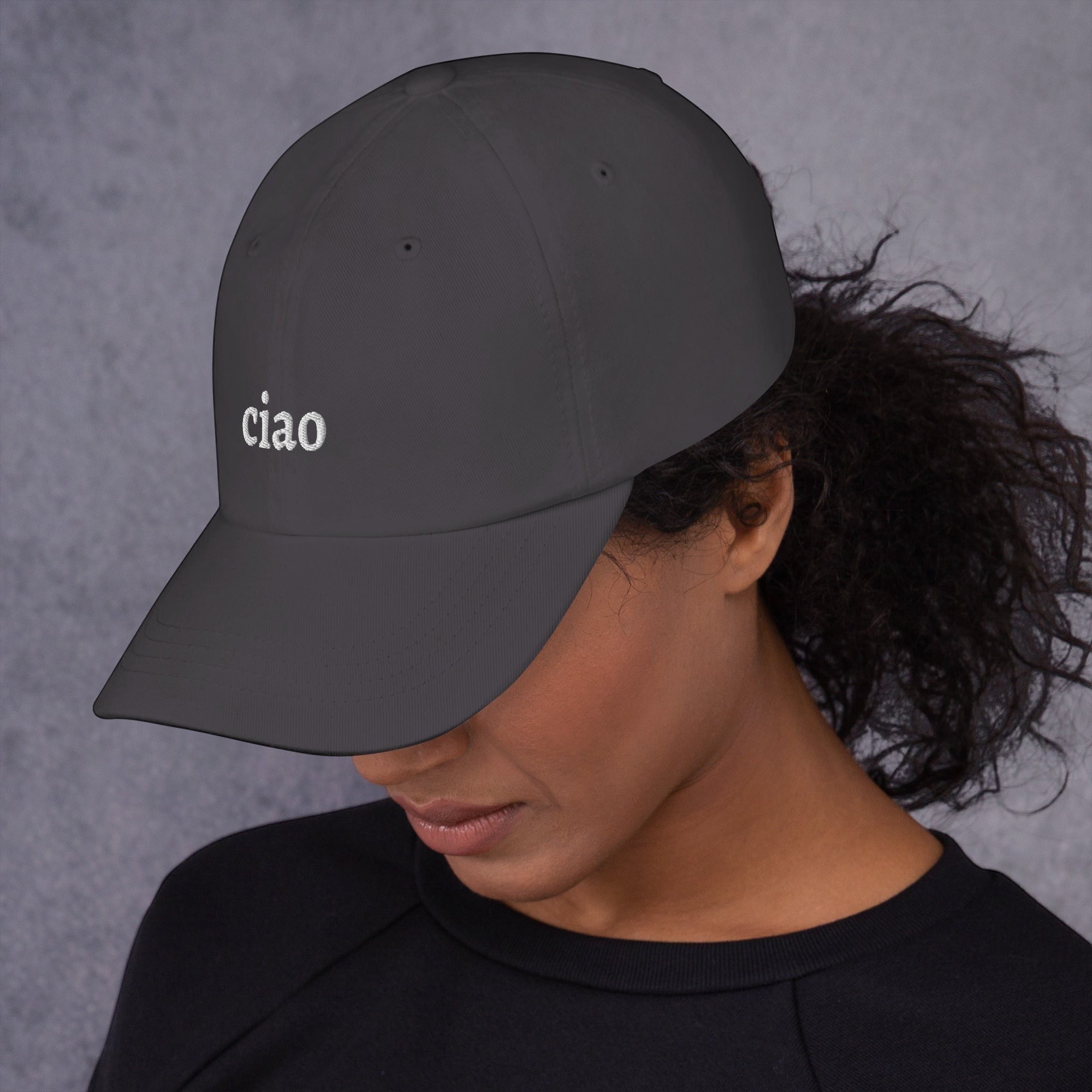 Say Ciao Coffee dark grey cotton twill baseball cap with embroidered "ciao" logo on the front.