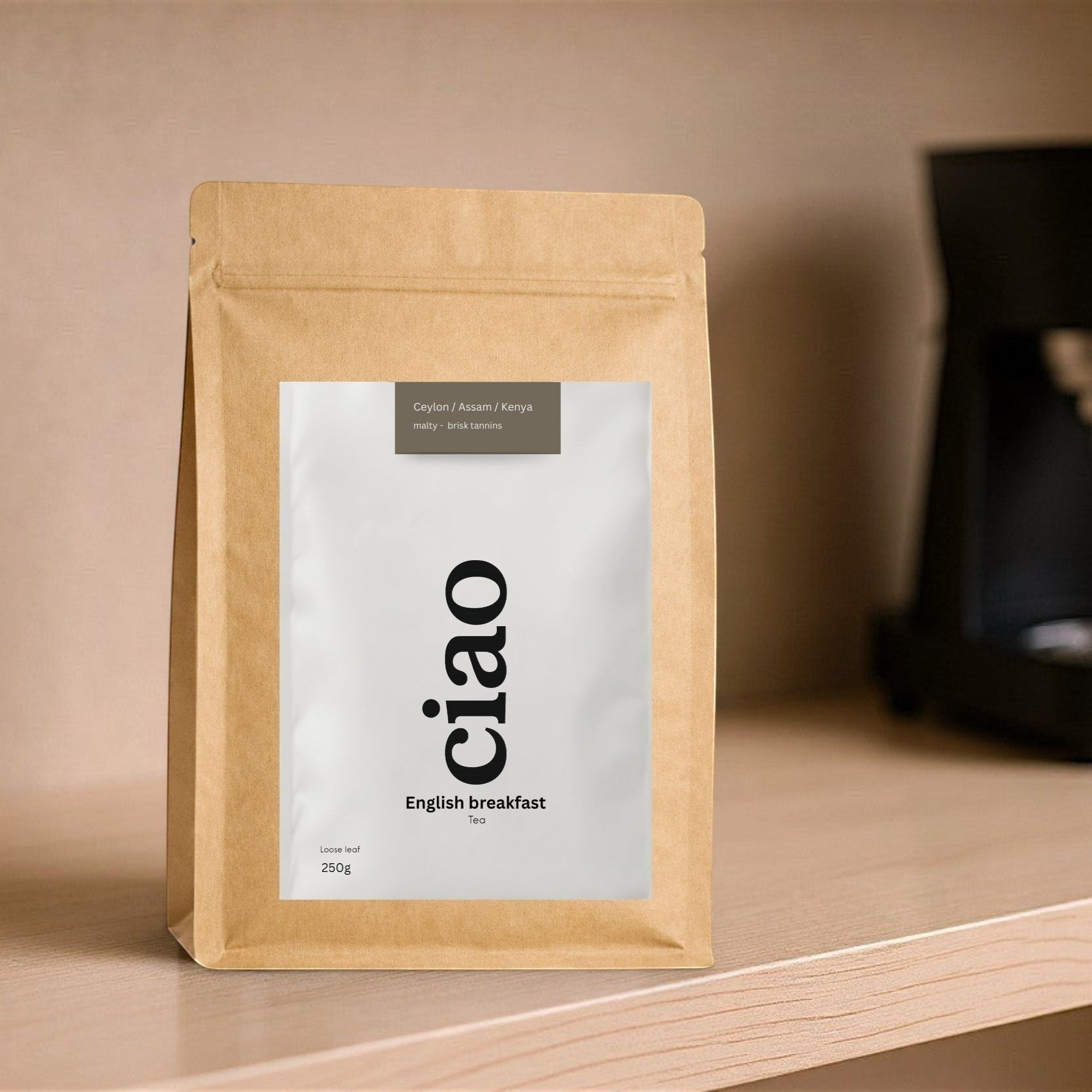 Say Ciao Coffee English Breakfast loose leaf tea blend from Assam, Ceylon, and Kenya. Malty, brisk flavour, 250g.