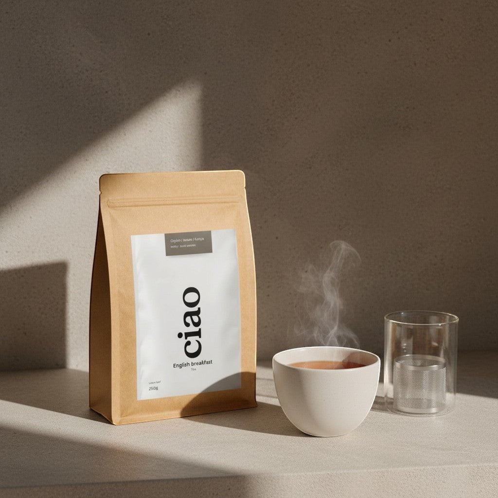 Say Ciao Coffee English Breakfast tea blend in a brown pouch next to a steaming cup and a glass infuser.