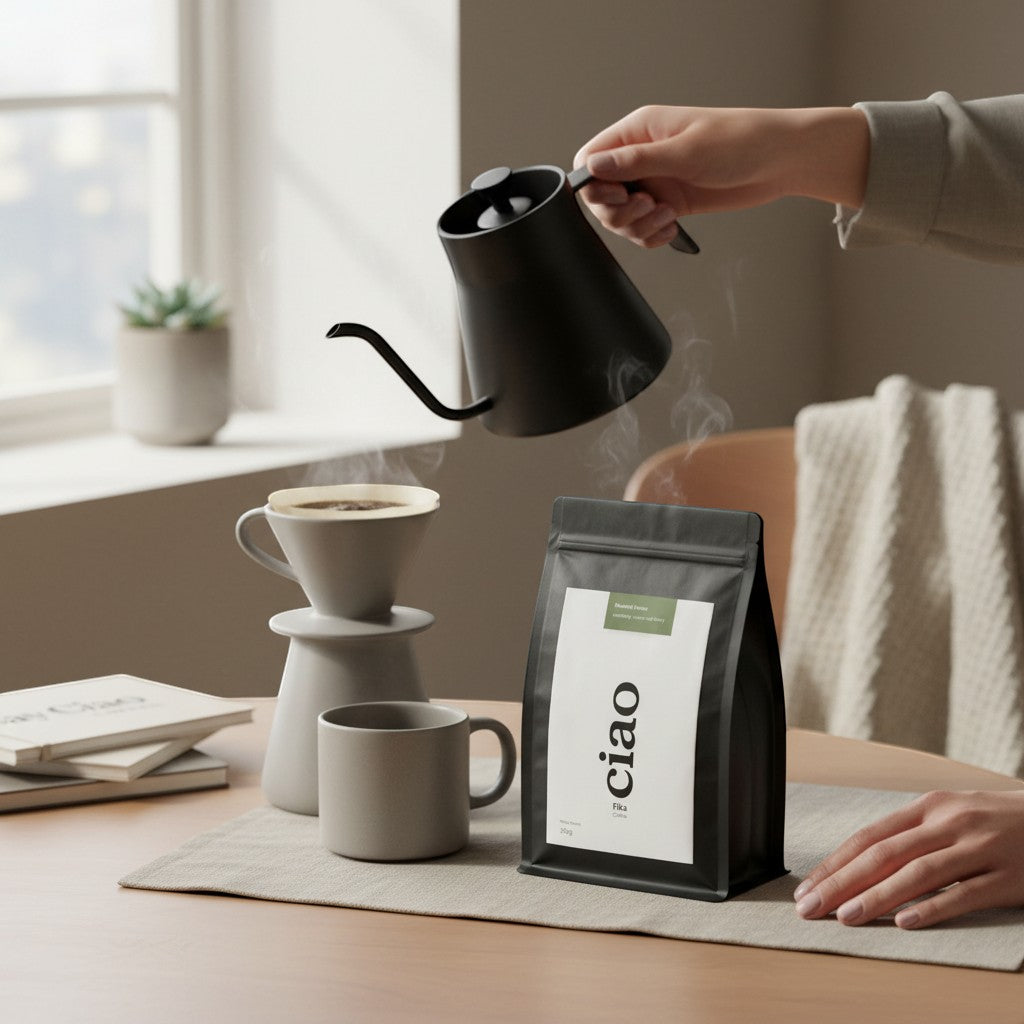 Say Ciao Coffee Fika single origin Rwanda Inzovu coffee bag, with pour-over coffee brewing.