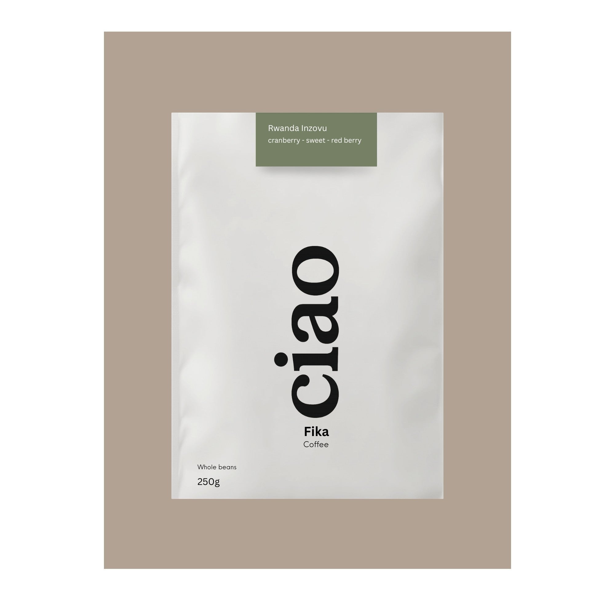 Say Ciao Coffee Fika whole bean coffee bag with tasting notes of cranberry, sweet, and red berry.