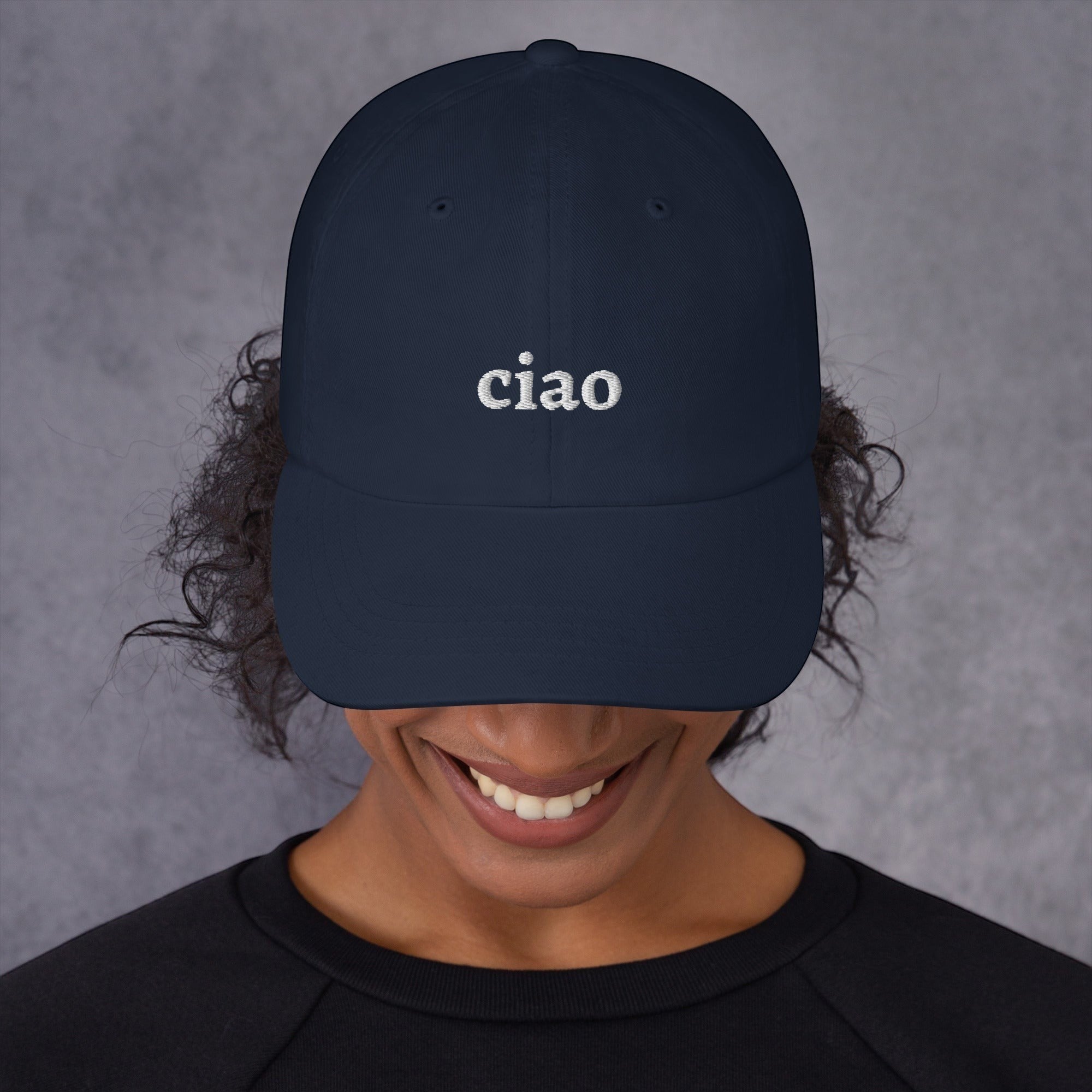 Say Ciao Coffee navy blue cotton baseball cap with white 'ciao' embroidery and adjustable strap.