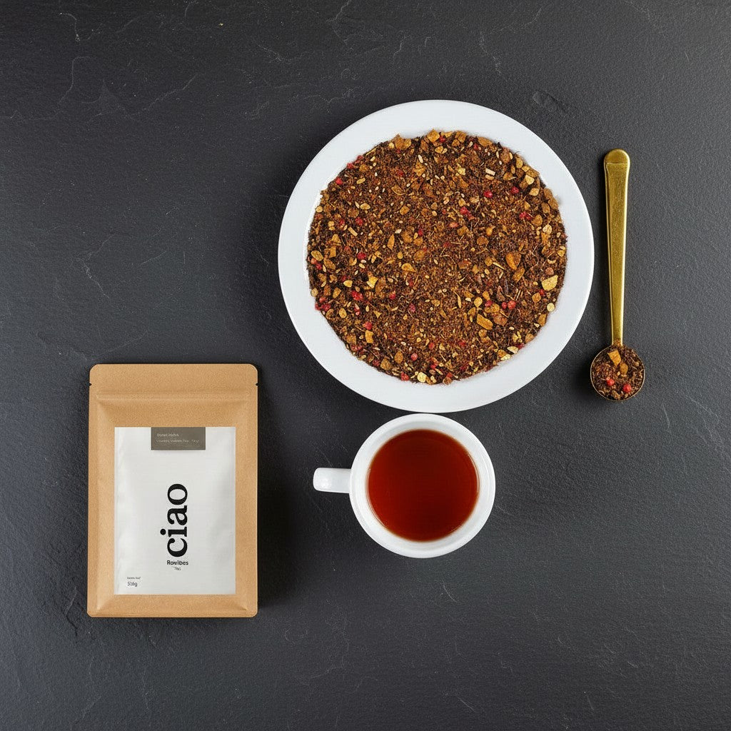 Say Ciao Coffee Rooibos tea blend with dried fruit pieces and pink peppercorns, served in a white cup and on a white plate with a gold spoon.