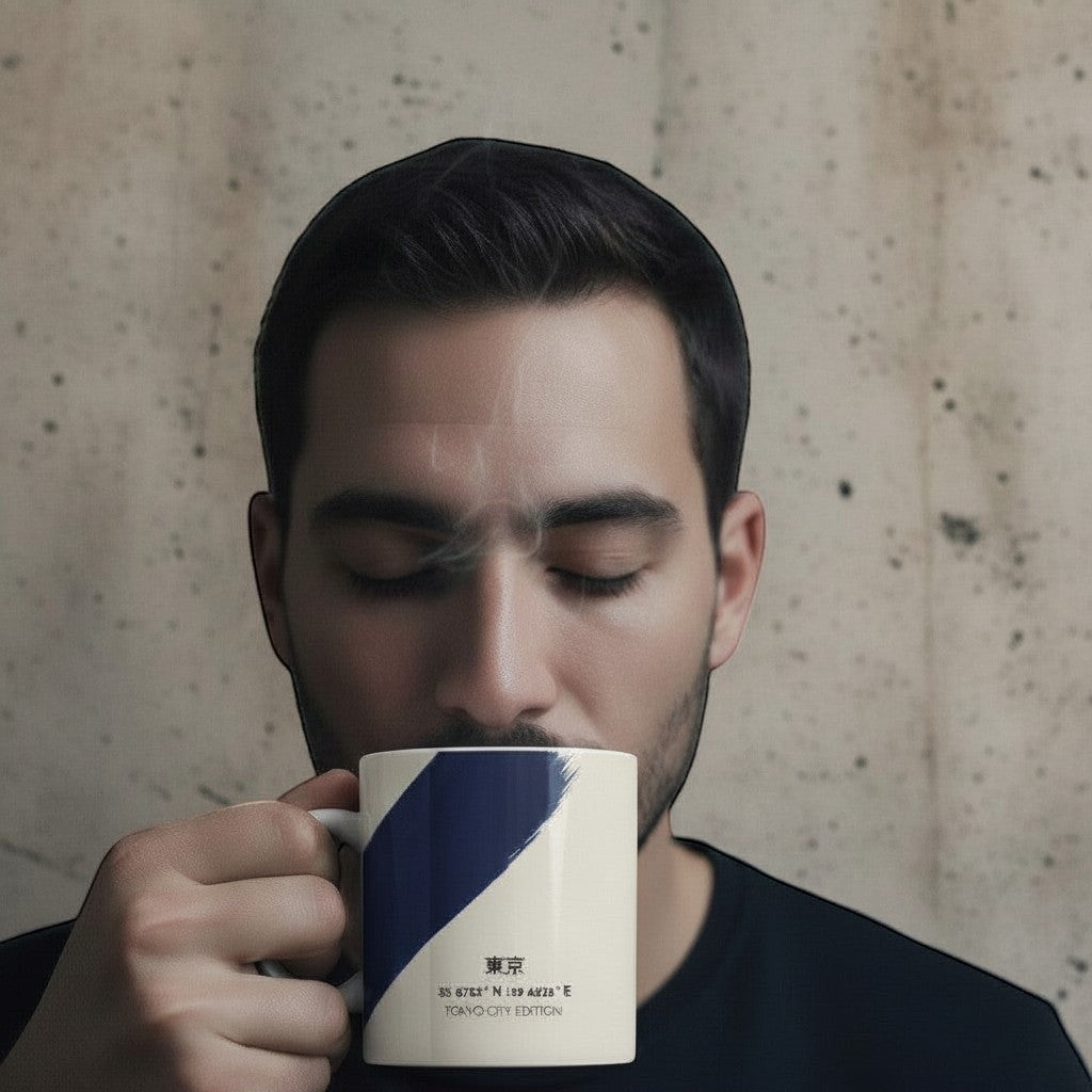 Say Ciao Coffee Tokyo Edition white ceramic mug with indigo diagonal stripe and Tokyo coordinates.