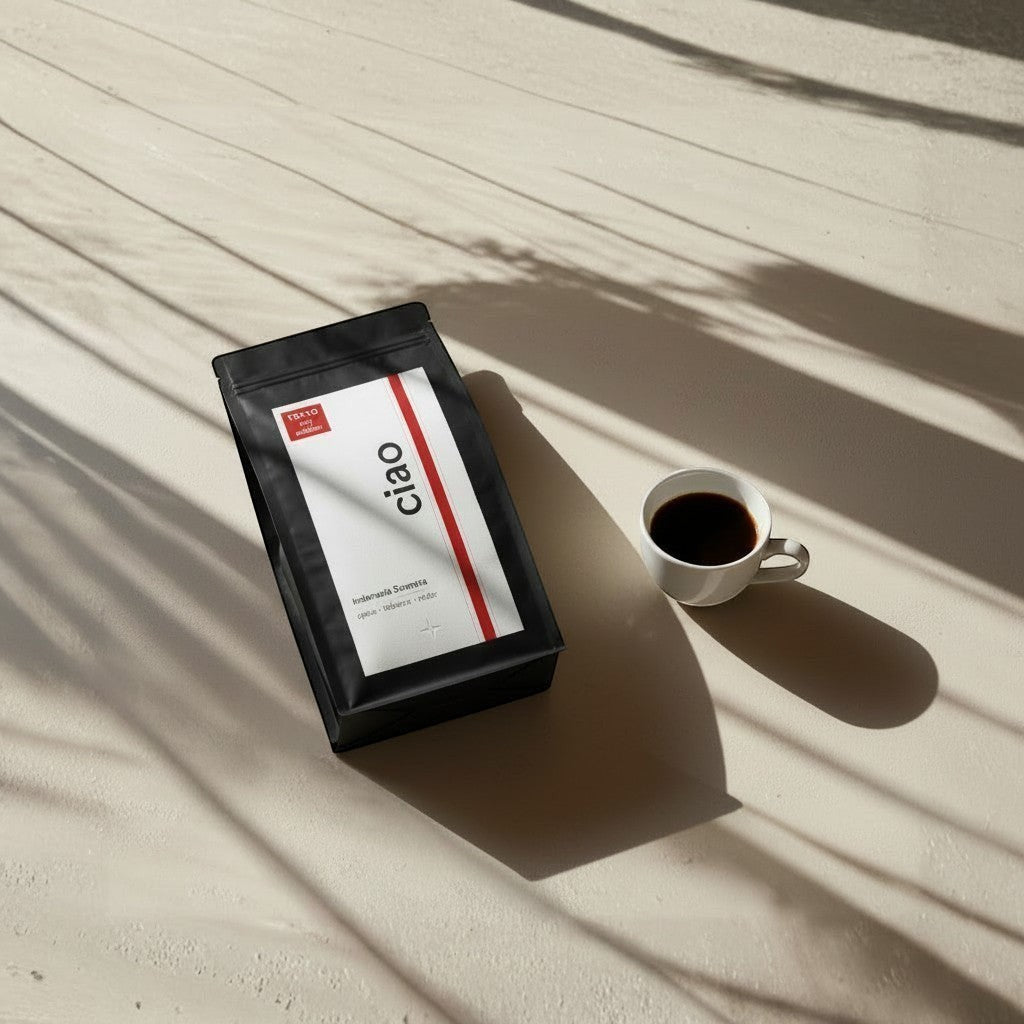 Say Ciao Coffee Tokyo Roast bag with a cup of black coffee, medium-dark roast, Indonesia Sumatra beans.