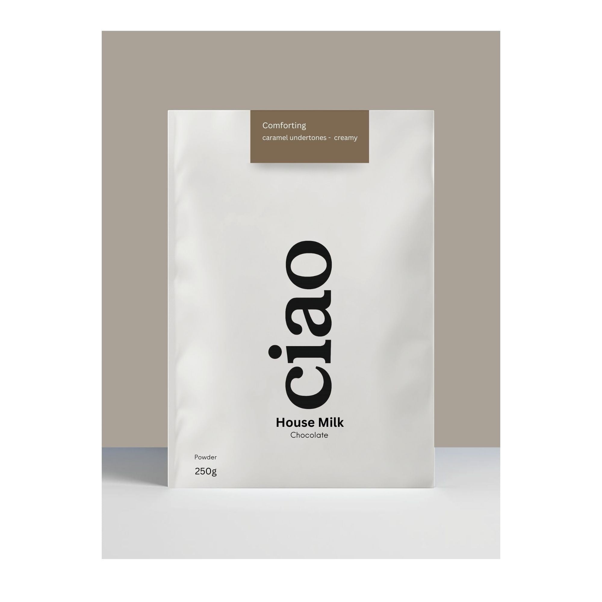 Say Ciao Coffee House Milk chocolate powder with 35% cocoa, creamy texture, and caramel undertones.