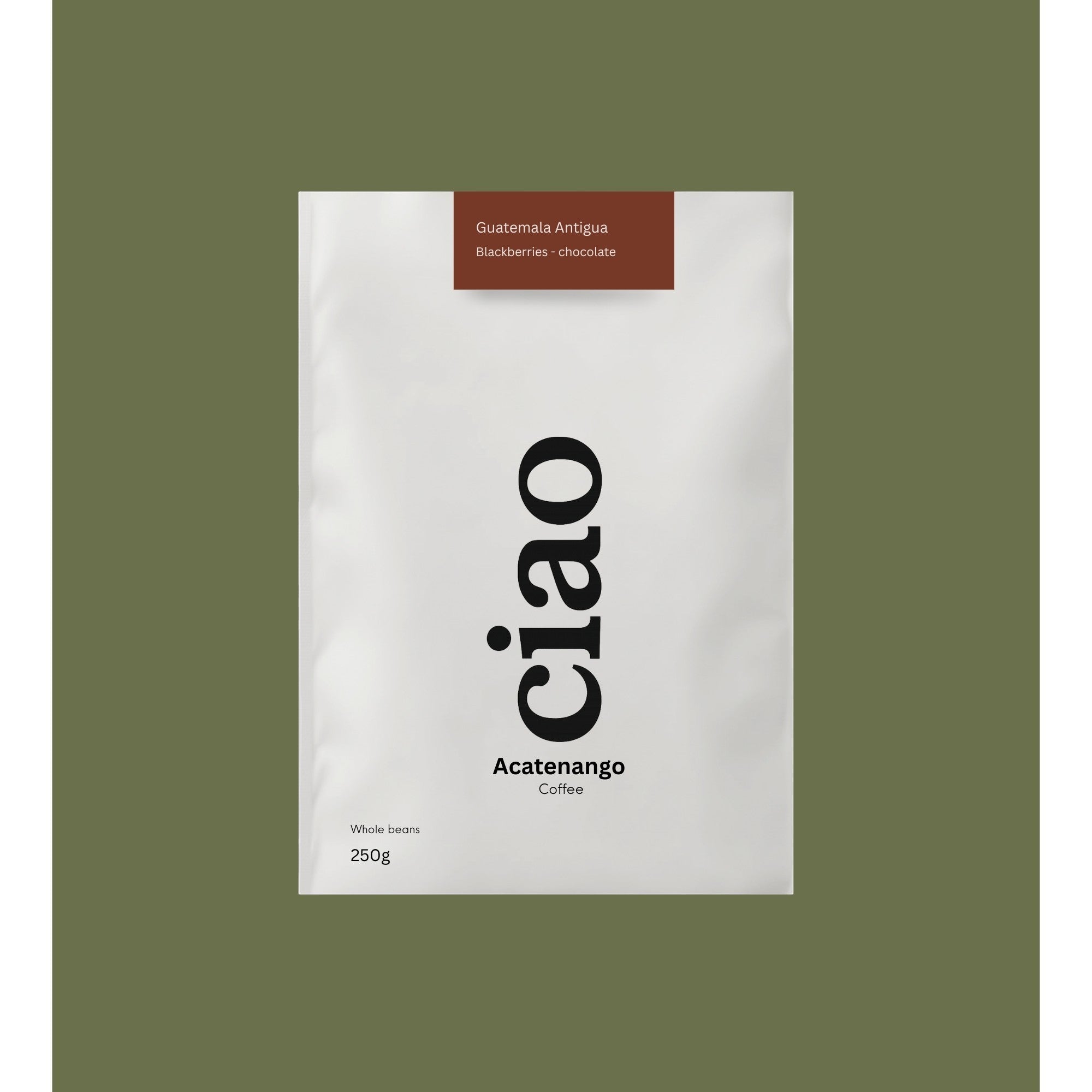 Say Ciao Coffee Acatenango whole bean coffee bag with tasting notes of blackberry and chocolate.