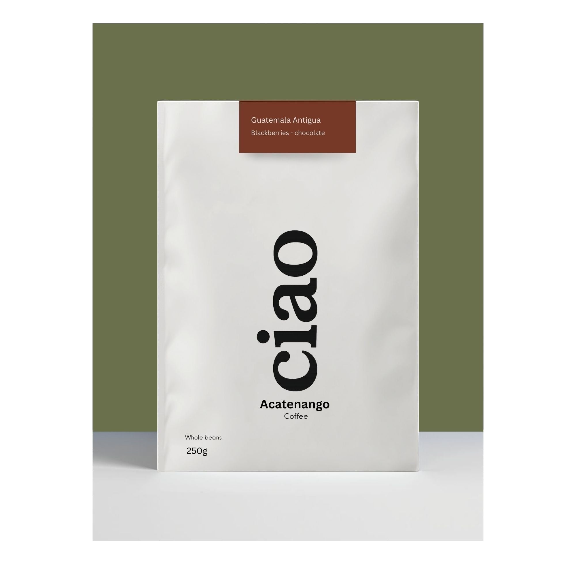 Say Ciao Coffee Acatenango whole bean coffee bag, Guatemala Antigua origin, with tasting notes of blackberry and chocolate.