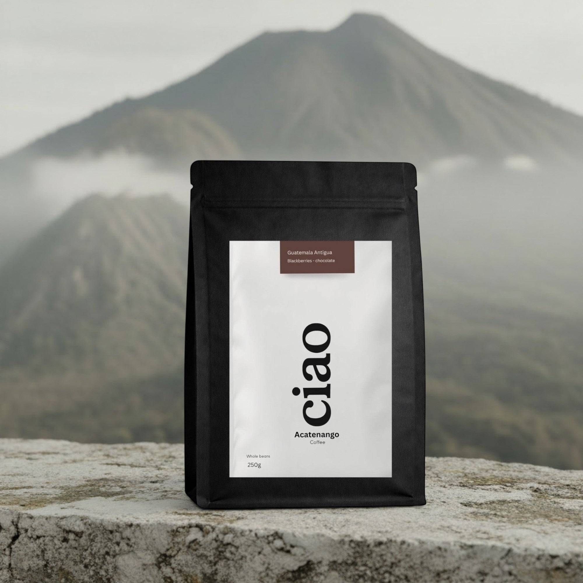 Say Ciao Coffee Acatenango whole bean coffee bag with tasting notes of blackberry and dark chocolate.