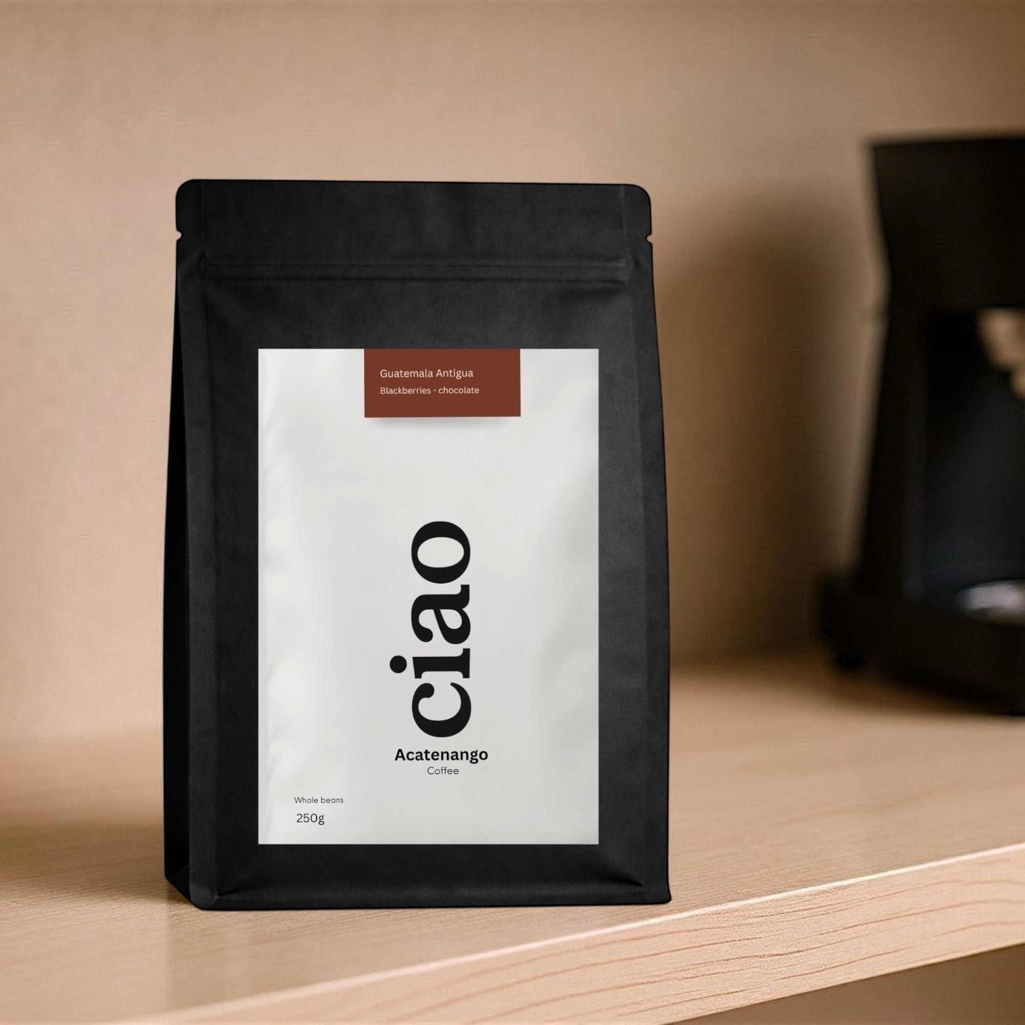 Say Ciao Coffee Acatenango whole bean coffee bag with tasting notes of blackberry and chocolate.