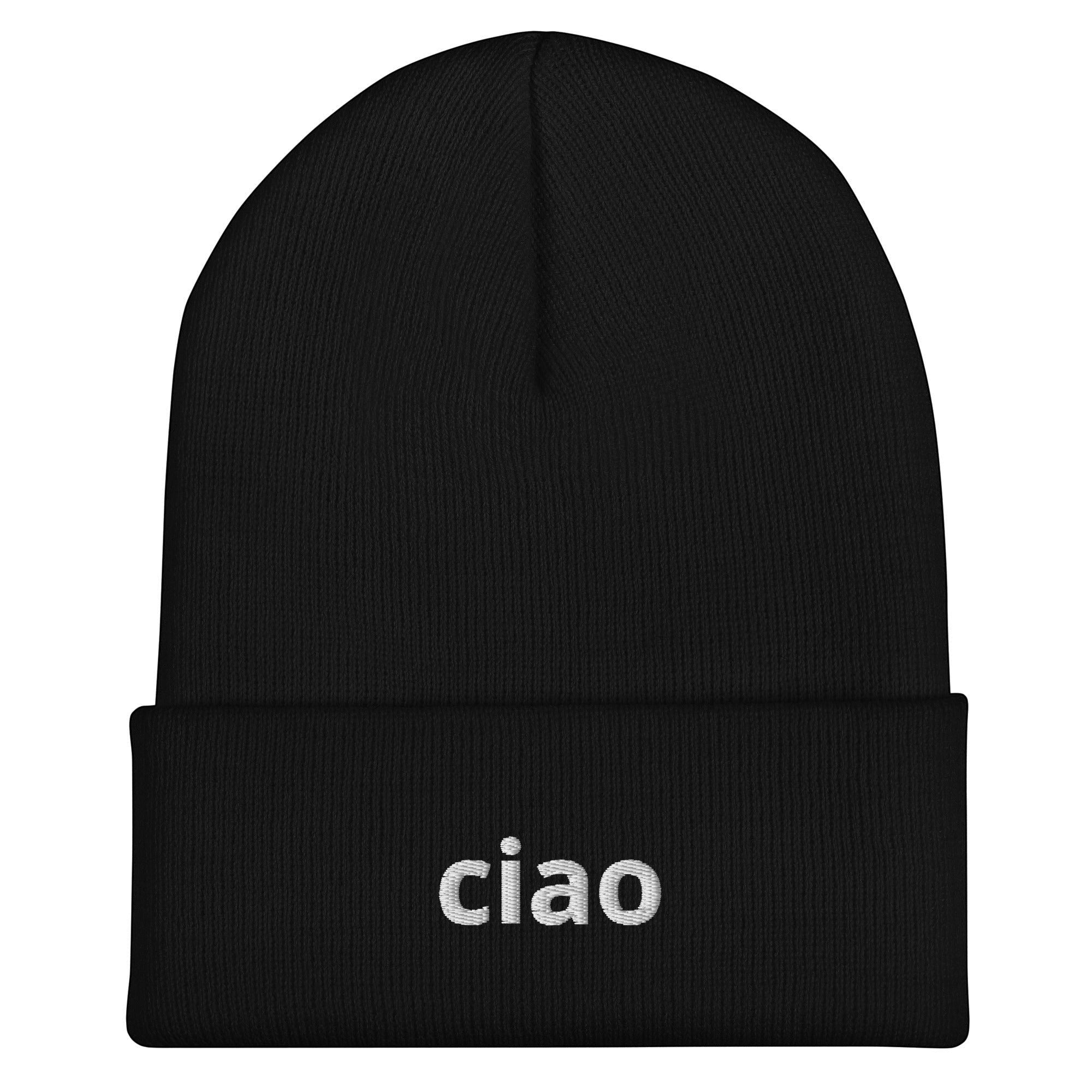 Say Ciao Coffee black cotton-acrylic blend beanie with embroidered 'ciao' detail on ribbed cuff.
