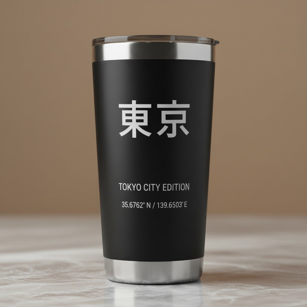 Say Ciao Coffee Tokyo travel mug, black with white Tokyo kanji, city coordinates, and "ciao" text. Double-wall insulated.